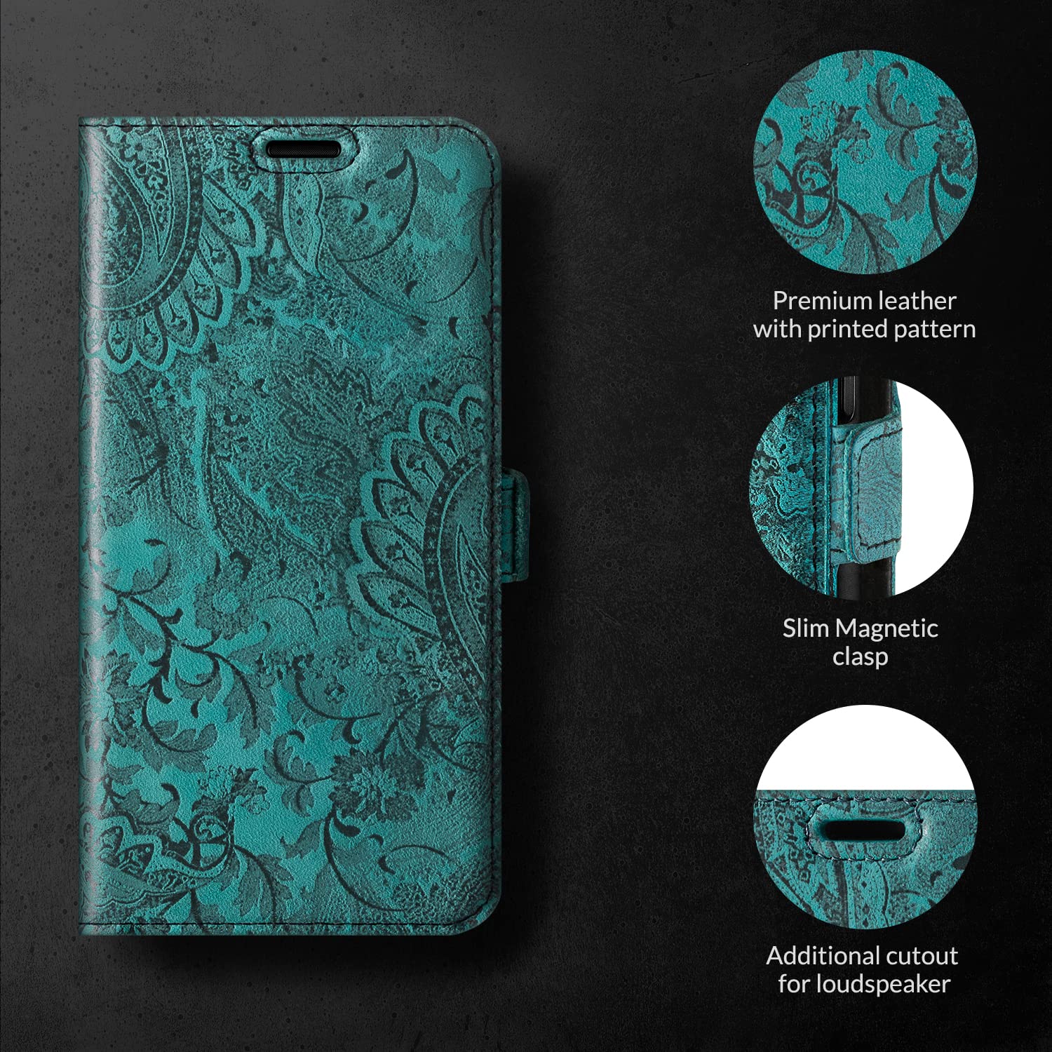 SURAZO Etui na telefon komórkowy Apple iPhone 15 Pro Max Slim – składane etui ochronne z prawdziwej skóry [przegródka na karty, ochrona RFID, kwiatowy wzór] etui z klapką, skórzane etui (turkusowe)