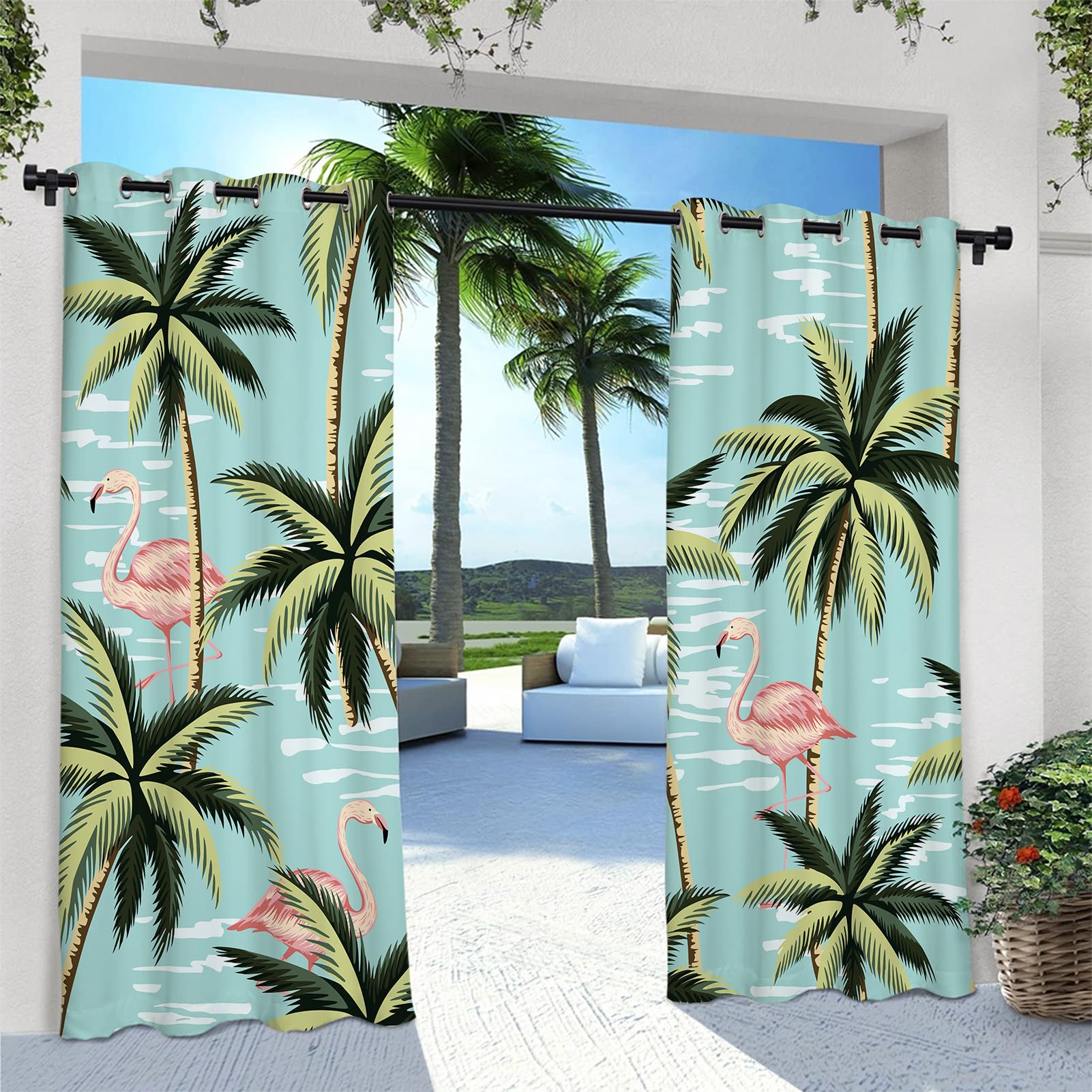 ANHOPE Outdoor Curtains Waterproof Grommet Outside Curtains with Tropical Palm Tree Flamingo Print Pattern Privacy Window Drapes for Patio Pergola Gazebo Porch Cabana Pool 2 Panels 54 x 84 Inch