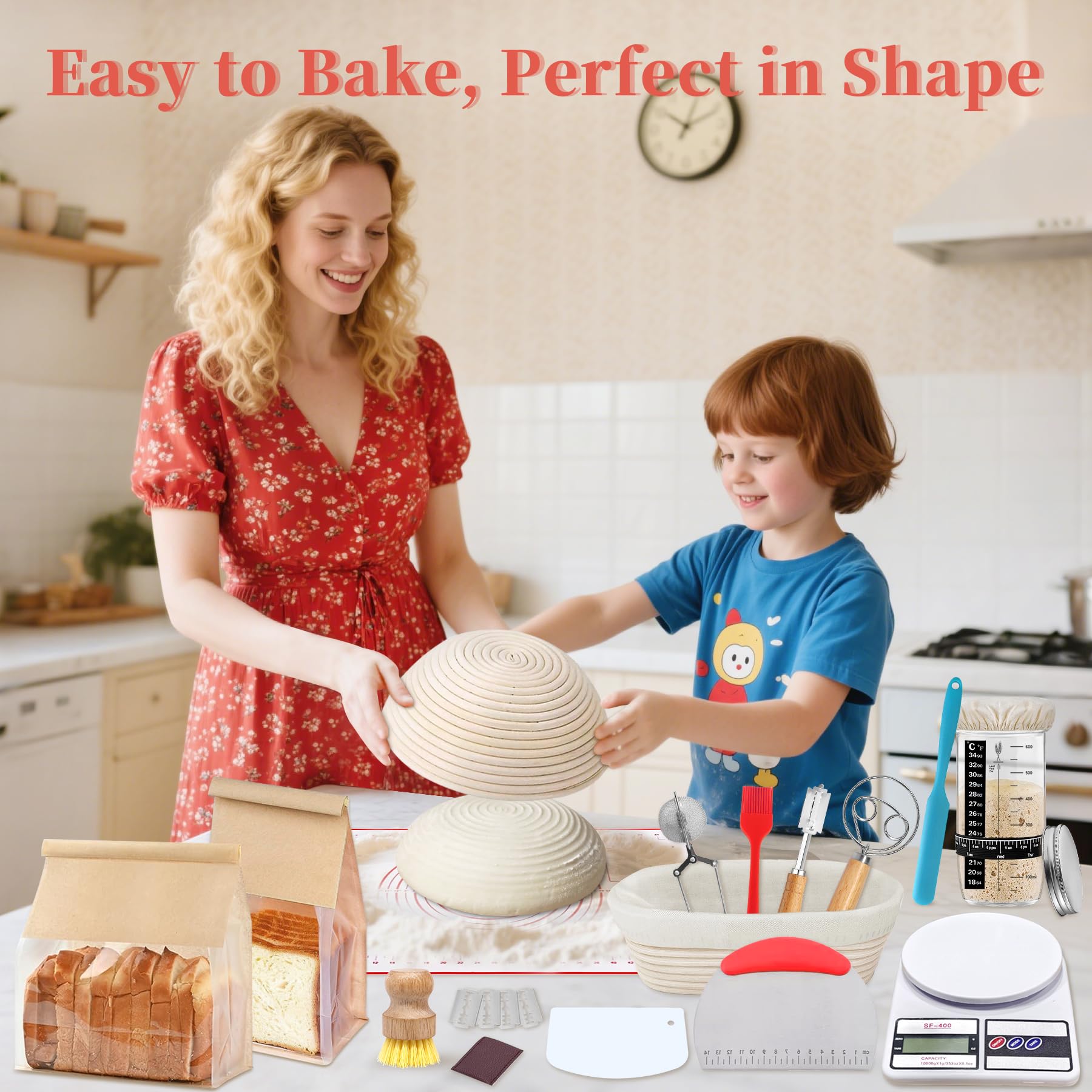 Aliggbent Banneton – Lot de 38 fournitures de cuisson au levain, paniers ronds et ovales de 25,4 cm avec kit de pot à levain de 680,4 g, balance numérique, sacs et kit