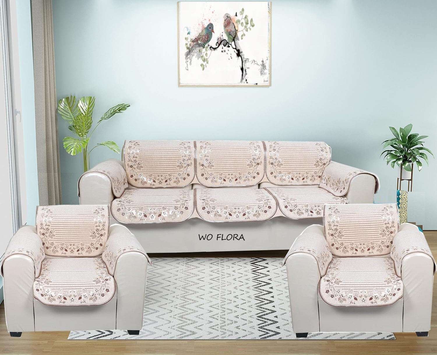 WO FLORA Premium Jaquard Fabric 5 Seater Sofa Cover with 6 Pcs