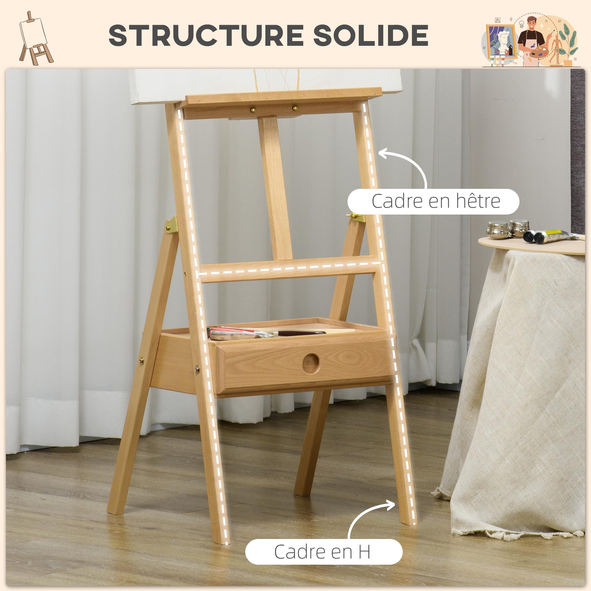 Vinsetto Chevalet en bois sur pied Chevalet d'Artiste Tiroir 92 cm Naturel