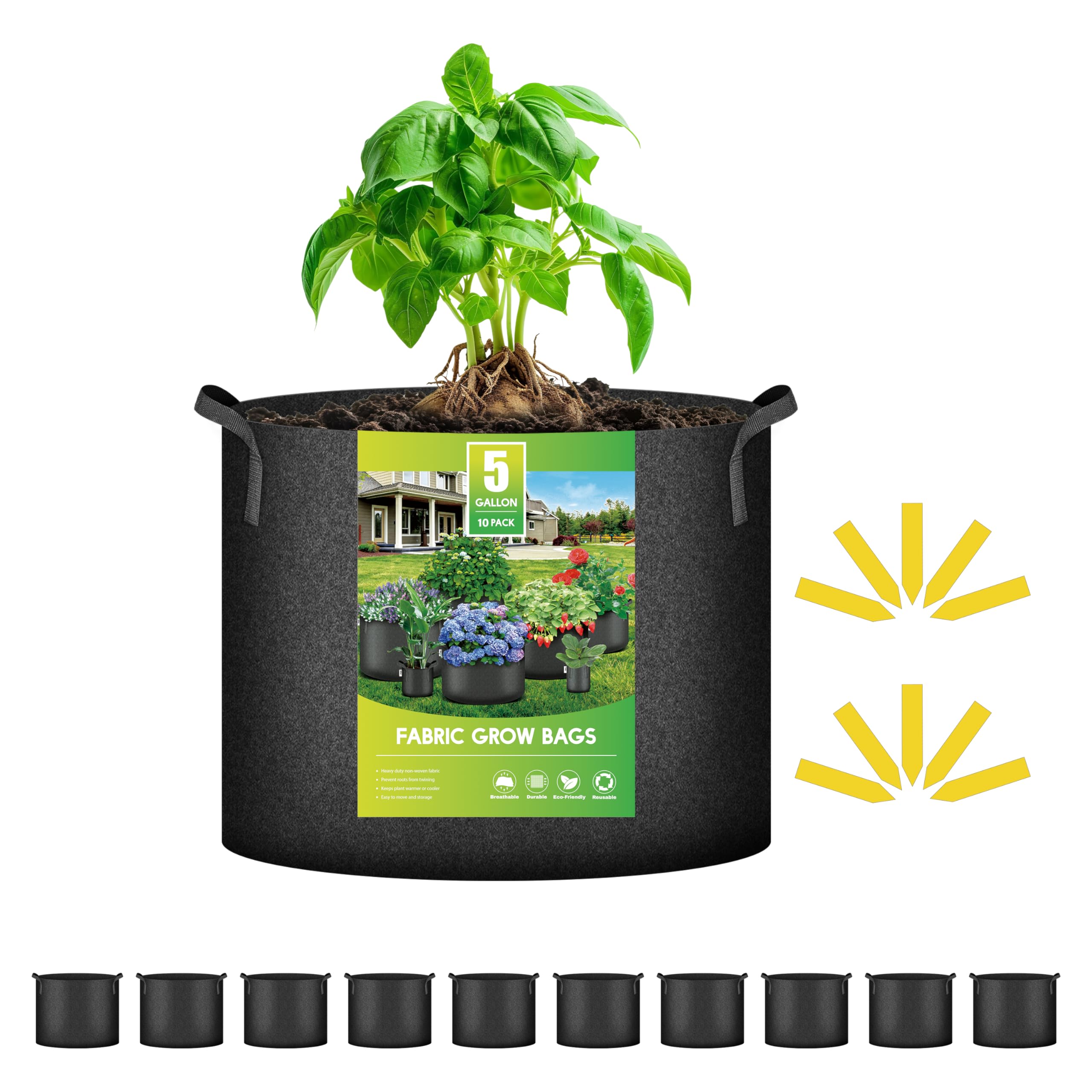 iPower 10 Pack 5 Gallon Grow Bags 300G Thickened Sturdy Plant Fabric Pots with 10 Labels and Handles, Aeration Garden Cloth Planter Bag for Outdoor