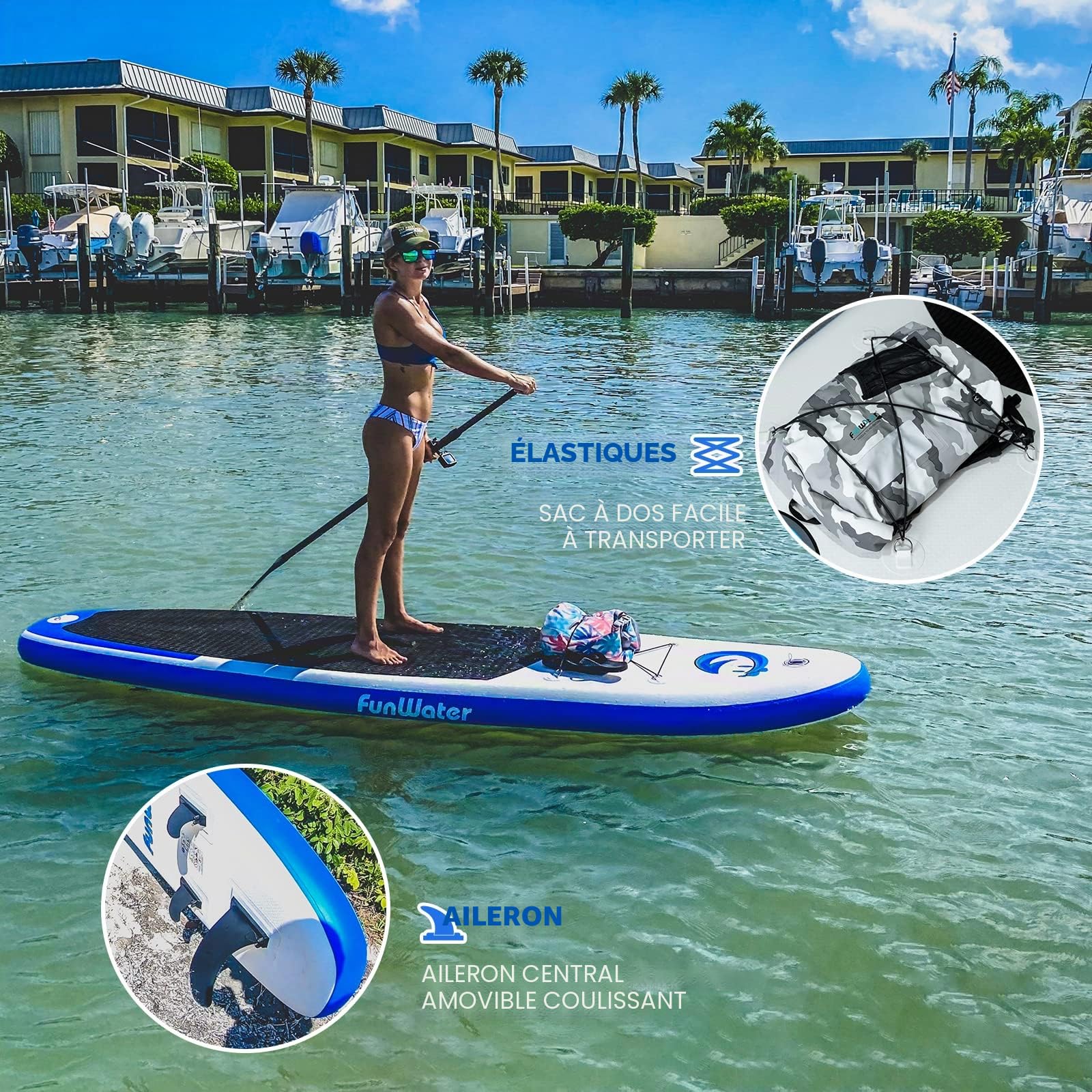 FunWater Planche Sup Gonflable Tous Niveaux Idéale Débutants et Famille Plateforme Anti Dérapante EVA Pack Complet avec Pagaie Réglable Pompe et Accessoires