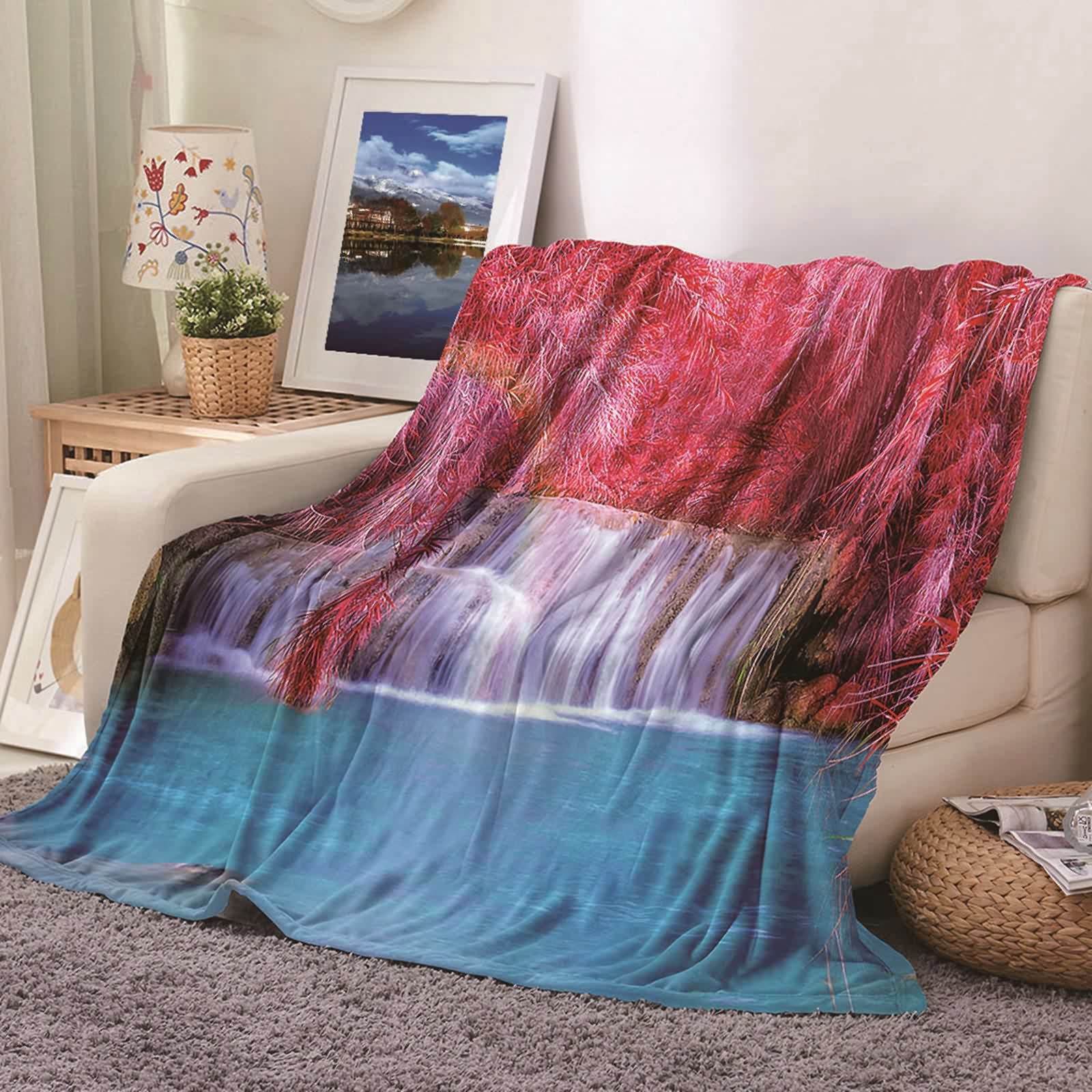 Aeici Koc polarowy, ciepły koc z nadrukiem 150x200 cm Wodospad z liści klonu narzuta na sofę do salonu sofa łóżko