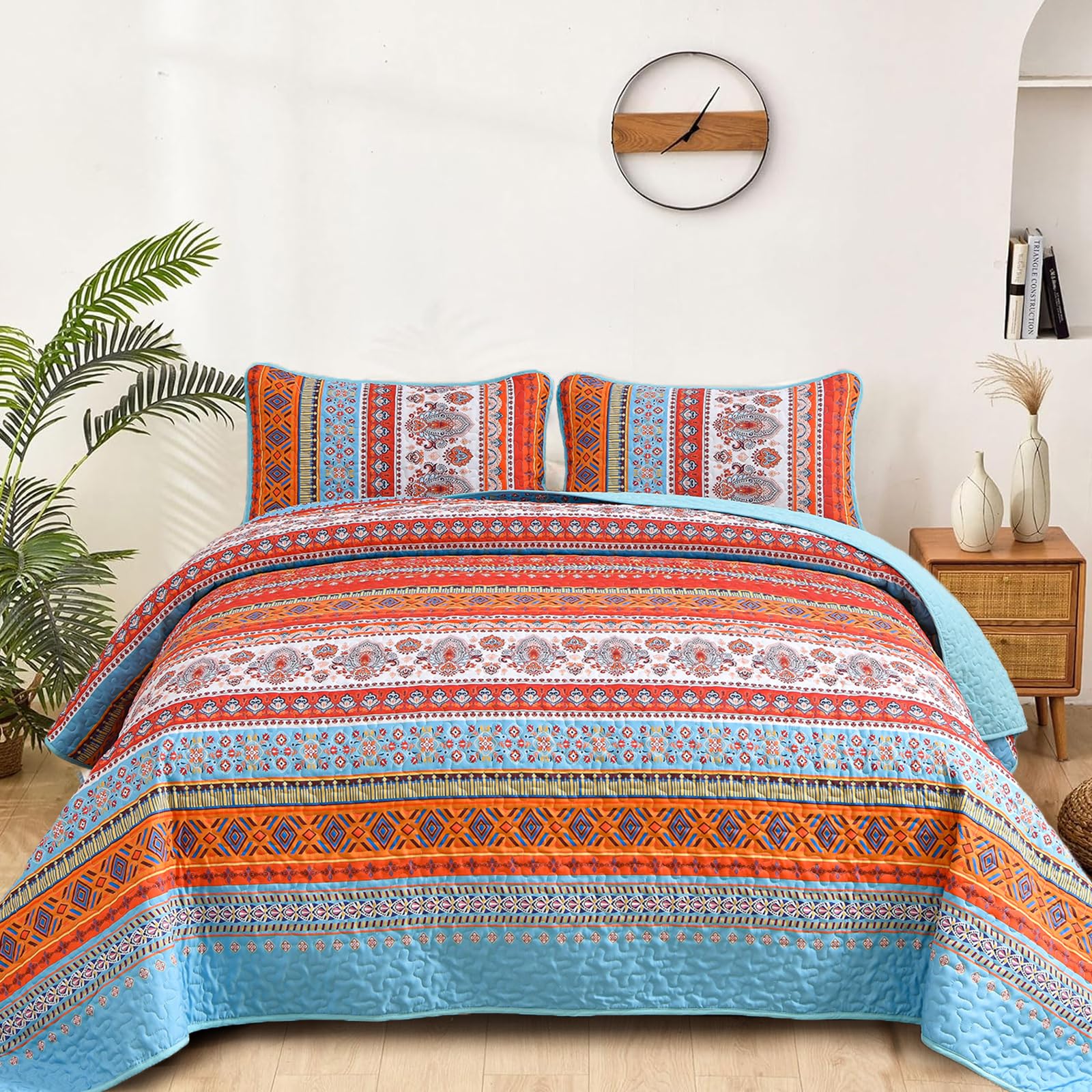 Boho Quilt Set King Size,3 Piece Orange Bohemian Striped Bedspread Coverlet Set with 2 Pillow Cases Lightweight Soft Microfiber Bedding Set for All Seasons (104"x90")