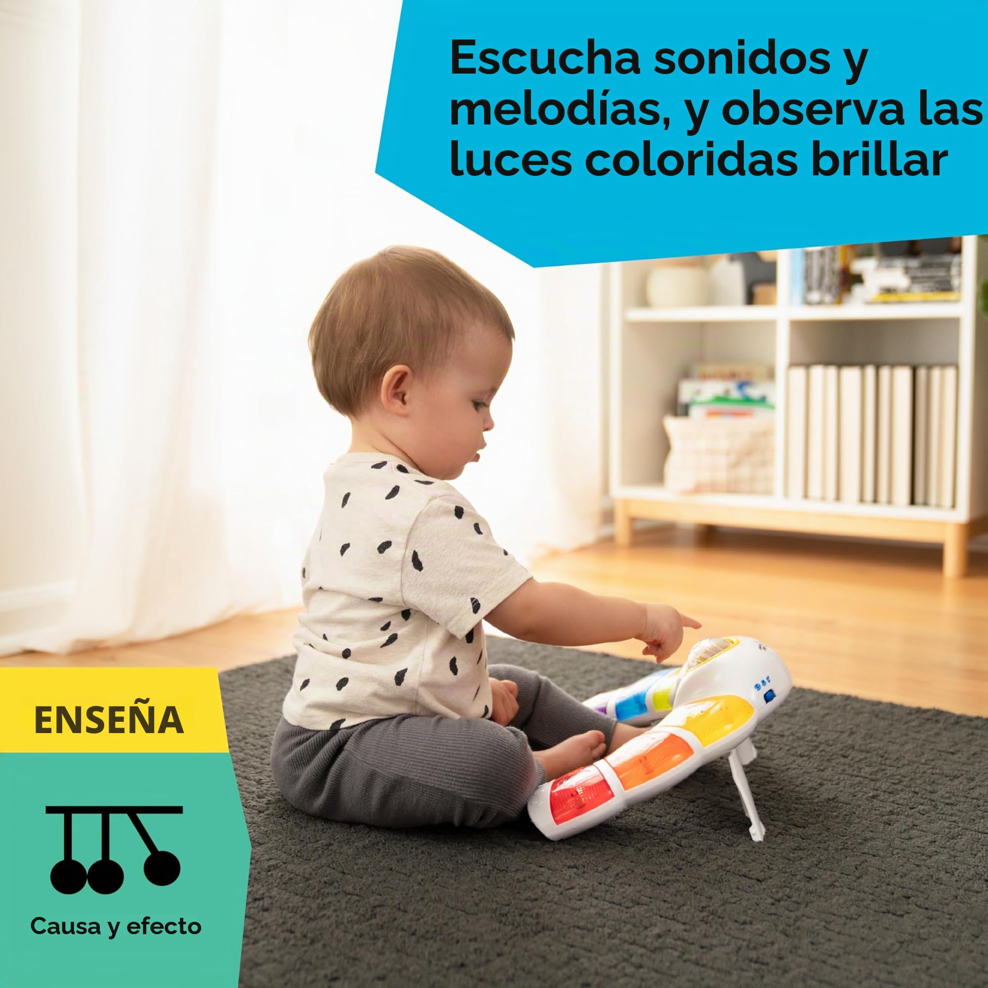 Baby Einstein, Juguete Musical con Luces, Sonidos y Sonajero, Glow & Discover Light Bar, Piano con 3 Modos: Animales, Colores y Xilófono - Multilingüe, para bebés a Partir de 3 Meses