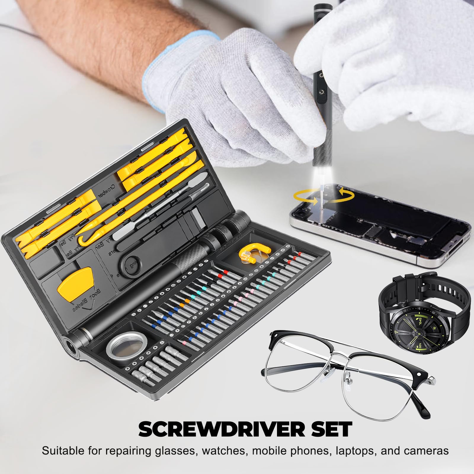 Elec-71 en 1 Tournevis de précision sans fil avec lumière LED, 5 réglages de couple (max 0,6 N·m), 42 embouts magnétiques, kit d'outils de réparation pour ordinateur portable, téléphone (Elec