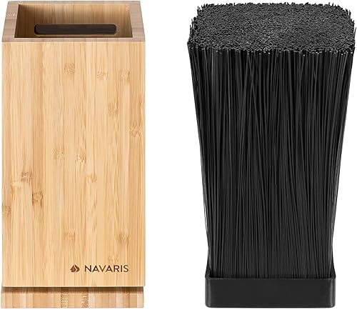 Miniatura 7 de Navaris Bloque de cuchillos de cocina de bambú, soporte magnético para cuchillos de cerdas giratorias, soporte de almacenamiento universal para