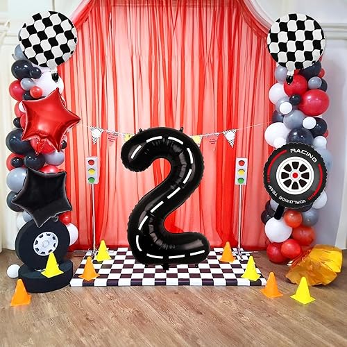 Miniatura 4 de Globos de auto de carreras para decoración de 2 cumpleaños para niños, globo de aluminio de 40 pulgadas con número 2, globos de aluminio de rueda