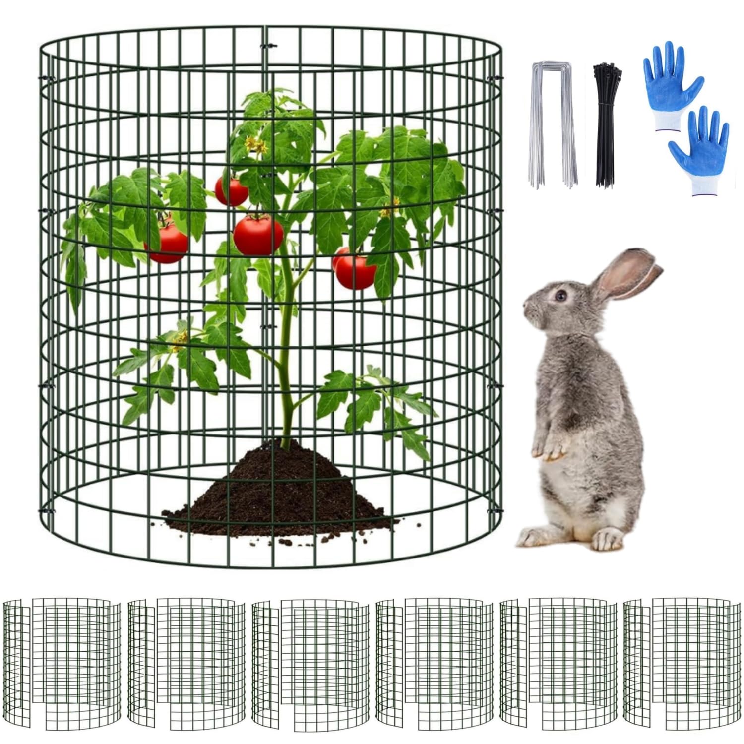 18 Sheet 35 x 35cm Chicken Wire Cloche, 6 Pack Wire Plant Protector from Animals, Metal Plant Cage Garden Protection Basket with Ground Stakes, Nylon Tie and Gloves for Keeping Rabbit Chicken Out