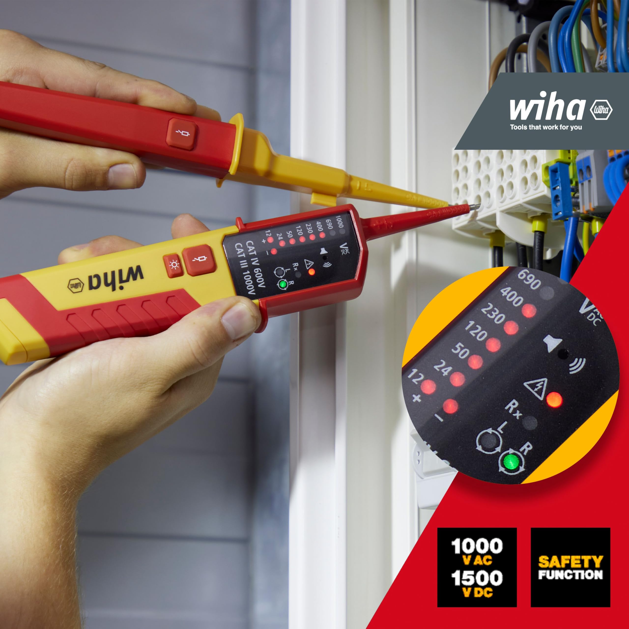 Wiha Testeur de tension et de continuité 12-1000 V Courant Alternatif CAT IV avec piles AAA affichage LED