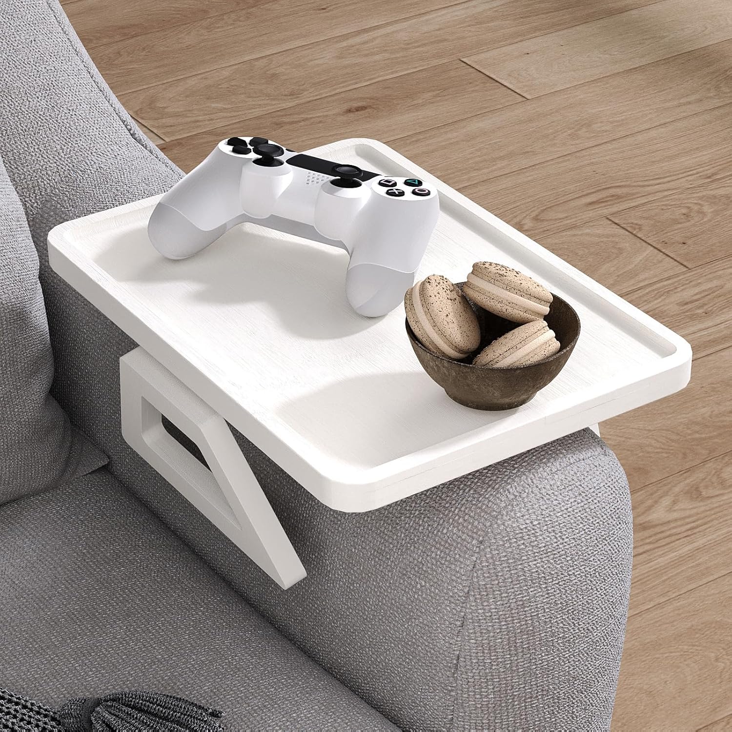 Couch Arm Tray,Bamboo Folding Sofa Tray,Sofa Armrest Trays Clip-On Couch Desk for Drinks,Snacks,Phone,Remote Control（White）