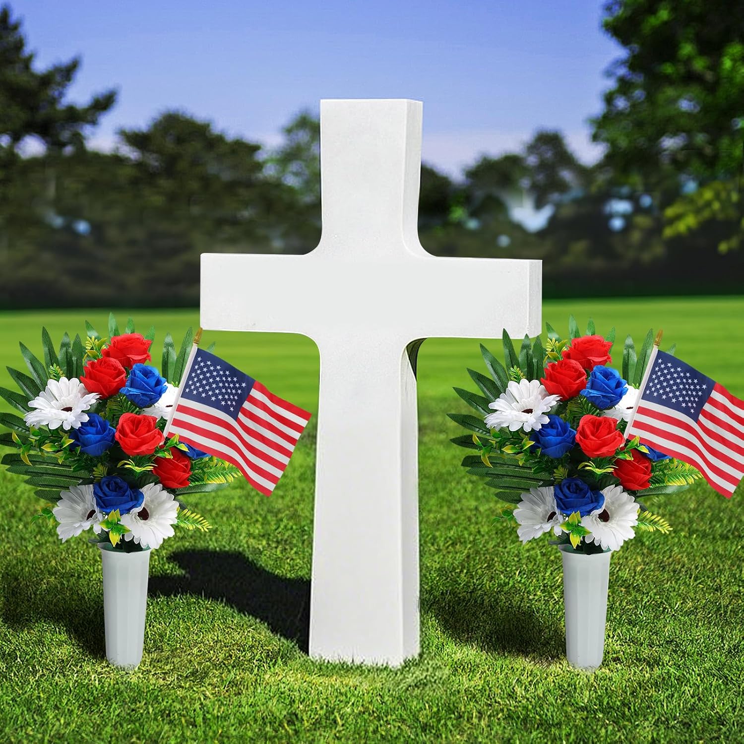 Memorial Day Cemetery Flowers for Grave - Red White Blue Bouquet with American Flags & Vase, Grave Decorations for Veterans Cemetery Headstones Decors, 2 Pack