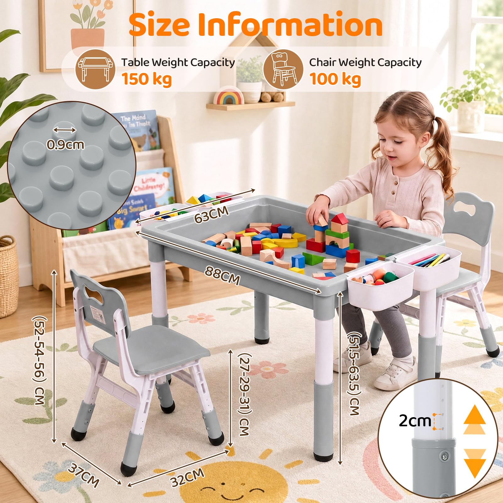 MAMIZO Kindertisch mit 2 Stühlen, kindertisch stauraum & Wendeplatte,Grau | Tisch Stuhl höhenverstellbar & 88 x 63cm Graffiti-Tischplatte & Baustein Tisch Stuhl Set ,Aktivitätstisch Kinderzimmer Schule