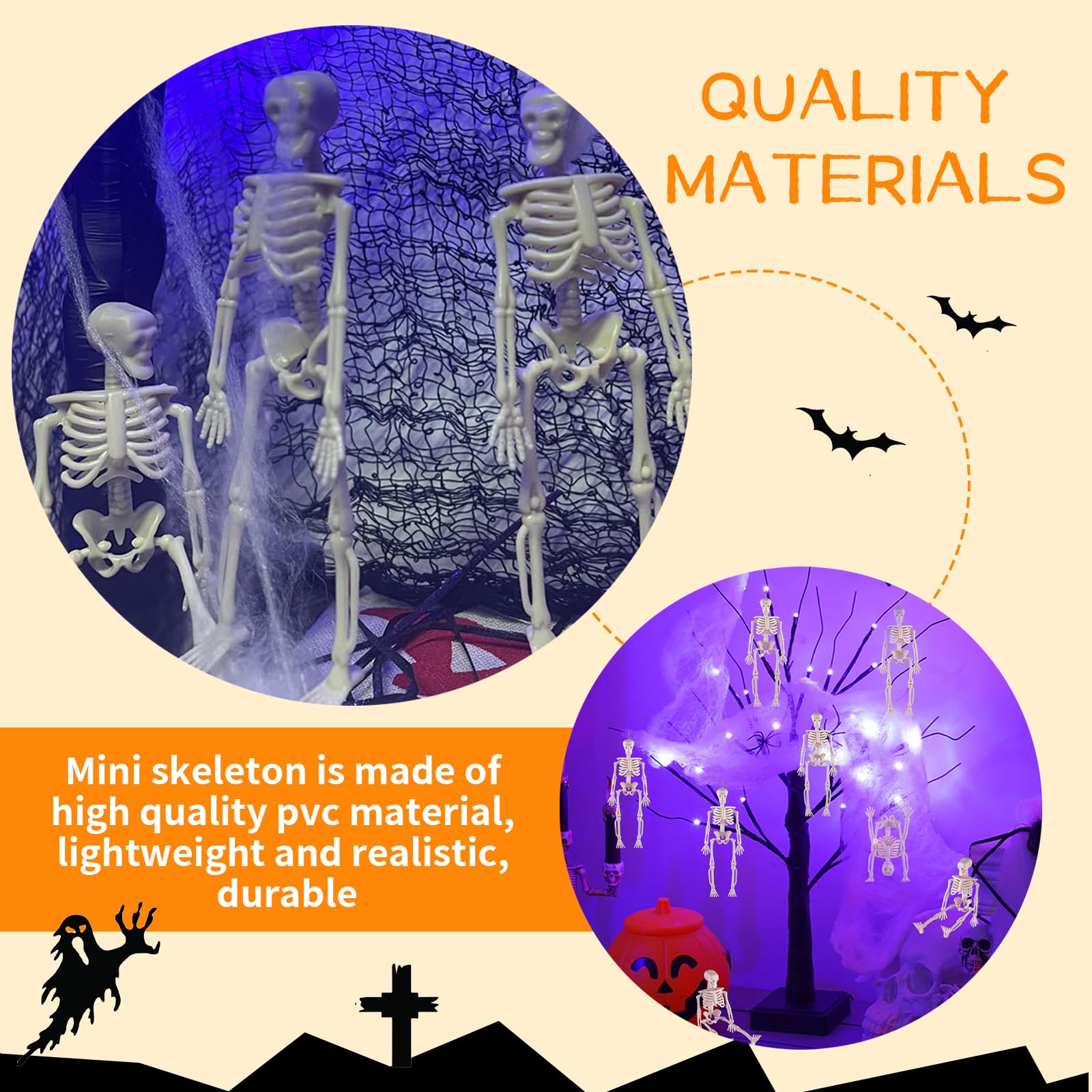 Hebterrka 8 sztuk dekoracyjnych mini szkieletowych figurek na Halloween, 15 cm, wysuwane plastikowe szkielety na straszną dekorację domu na Halloween, dekoracja domu duchów i prezenty na imprezę