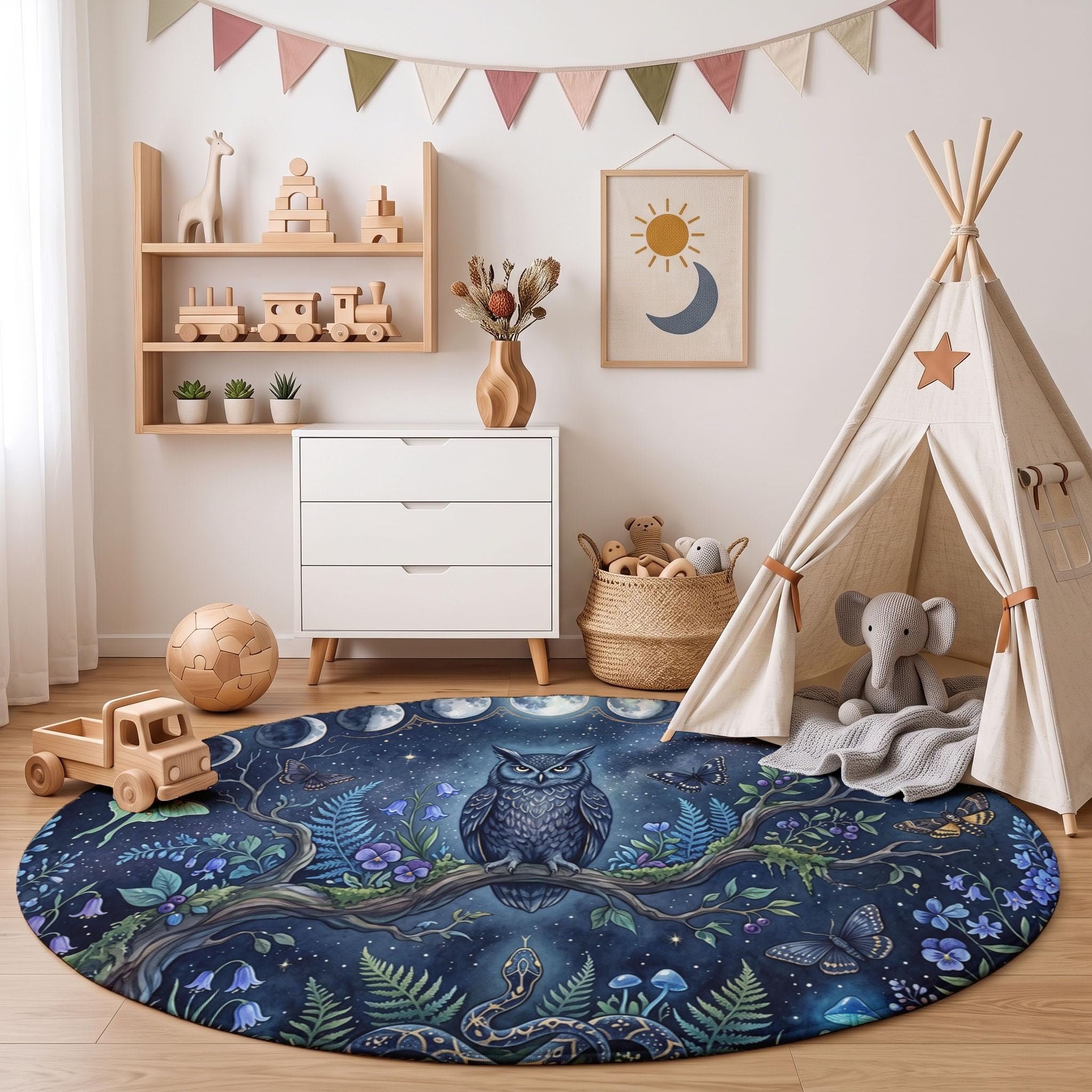 Tapis Rond Lavable Hibou des Phases De La Lune pour Salon 160 cm