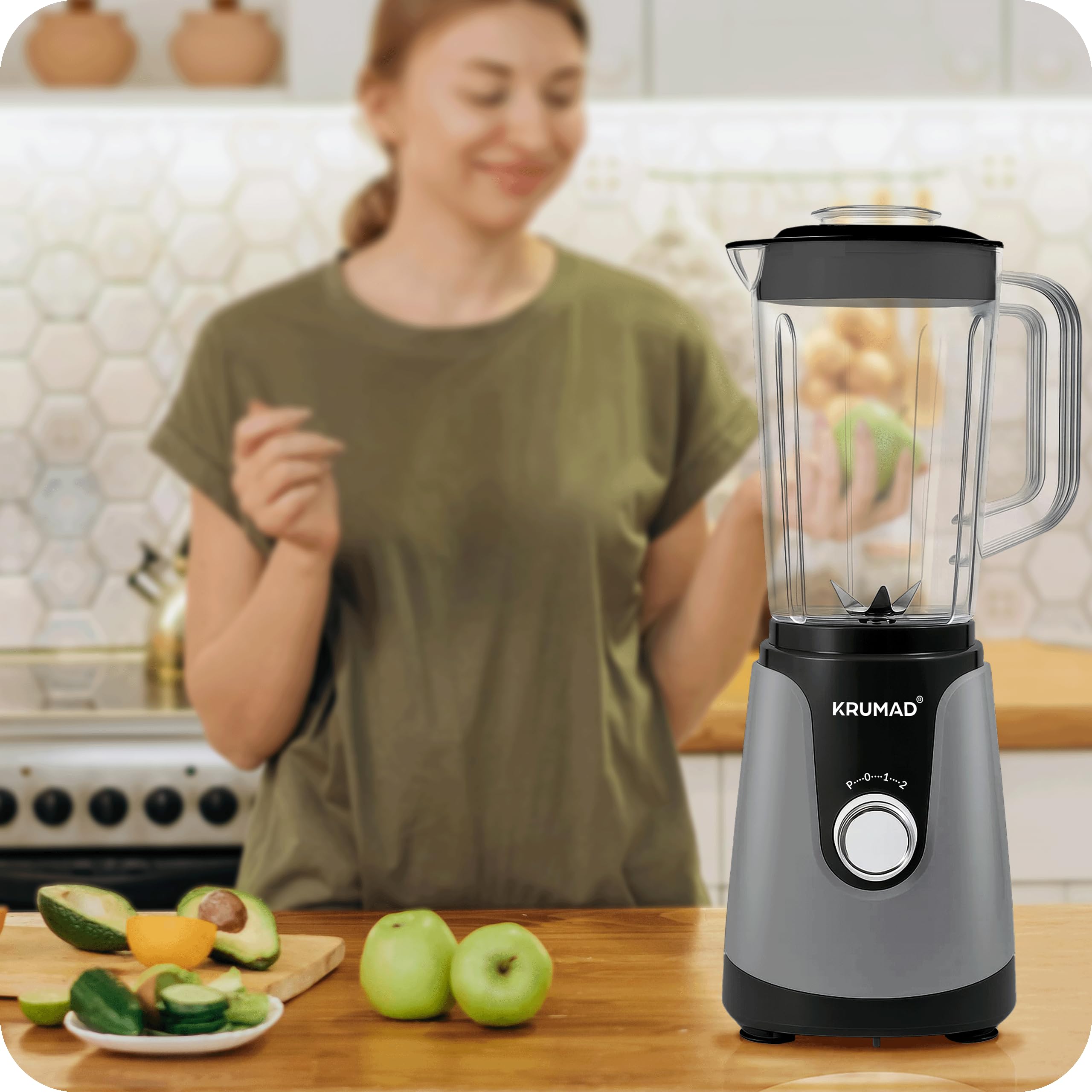 KRUMAD Blender kielichowy 1200W – Wysokowydajny blender z kielichem Tritan 1,2L (BPA Free), 2 prędkościami i funkcją pulsacyjną – Stalowe ostrza – Do smoothie, zup i koktajli