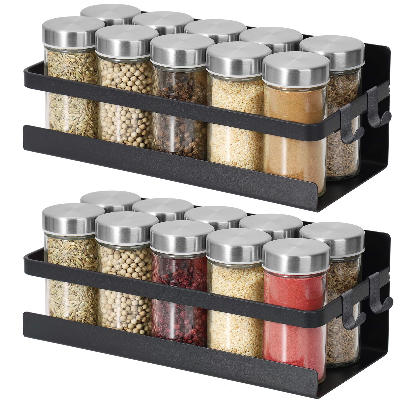 Dr.BeTree Portaspezie Magnetico Da Frigo, Mensola Con 2 Ganci, Organizer Da Cucina Salvaspazio Per Condimenti, Barattoli E Asciugamani - Acciaio