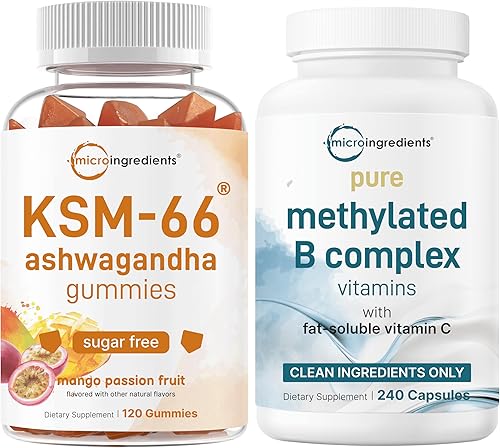 Micro Ingredients Cápsulas de complejo B metilado puro y gomitas KSM-66 Ashwagandha de 300 mg  Paquete de 2 unidades  Vitaminas B + B12, tiamina,