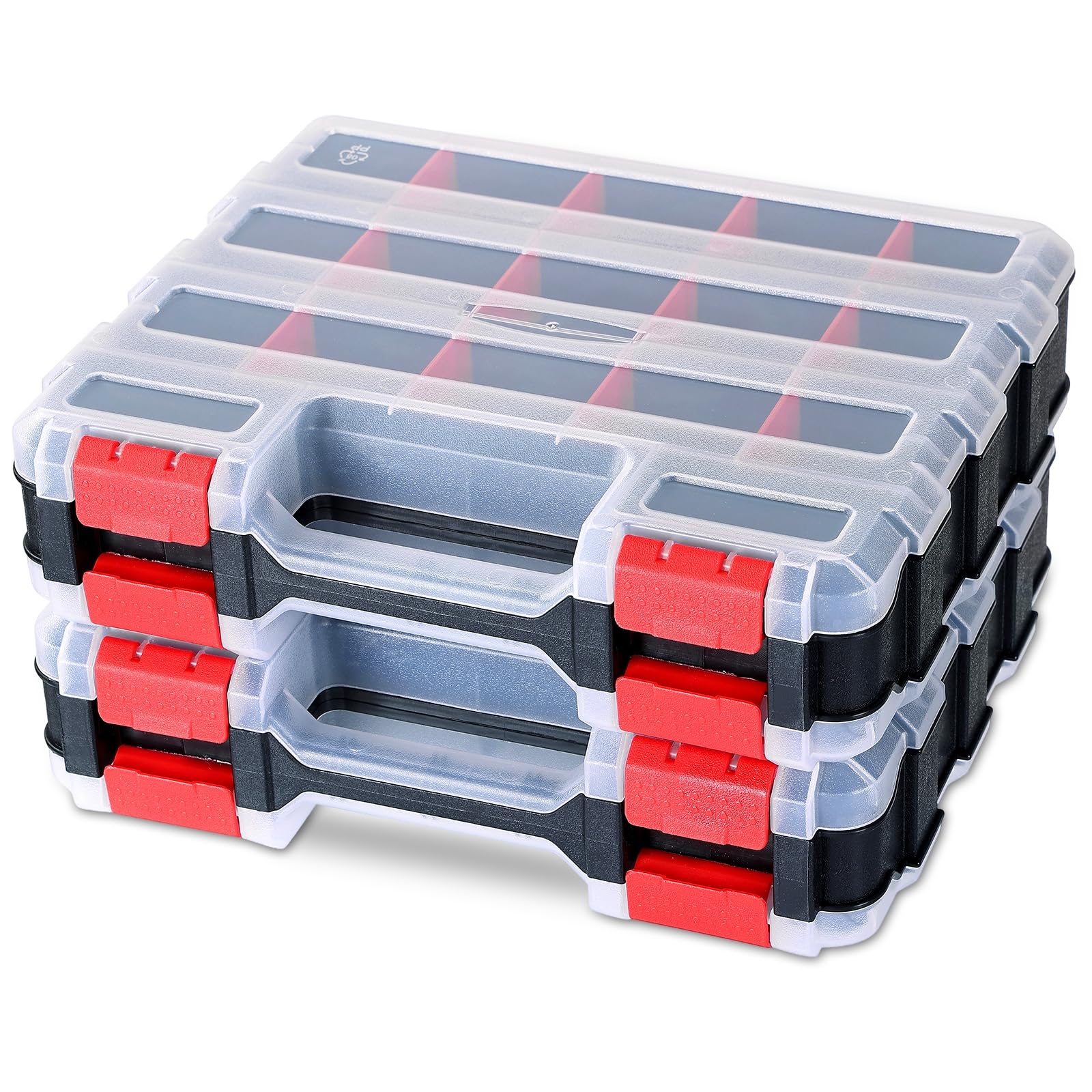 Confezione da 2 organizer per piccole parti, scatola per attrezzi, 34 scomparti, doppio lato, con divisori rimovibili per piccoli attrezzi, viti, bulloni, dadi, chiodi, perline (rosso)