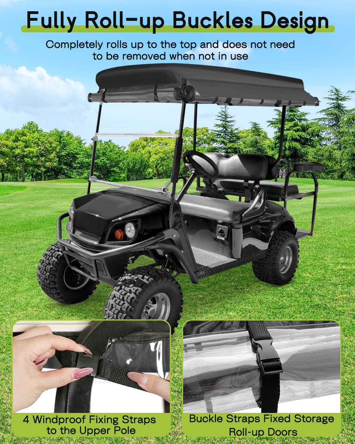 Golf Cart Enclosure 4 Passenger for Express 4 Seater Extended Roof 600D Waterproof Transparent Driving Rain Cover with 4-Sided Clear Windows Roll-up Door Black