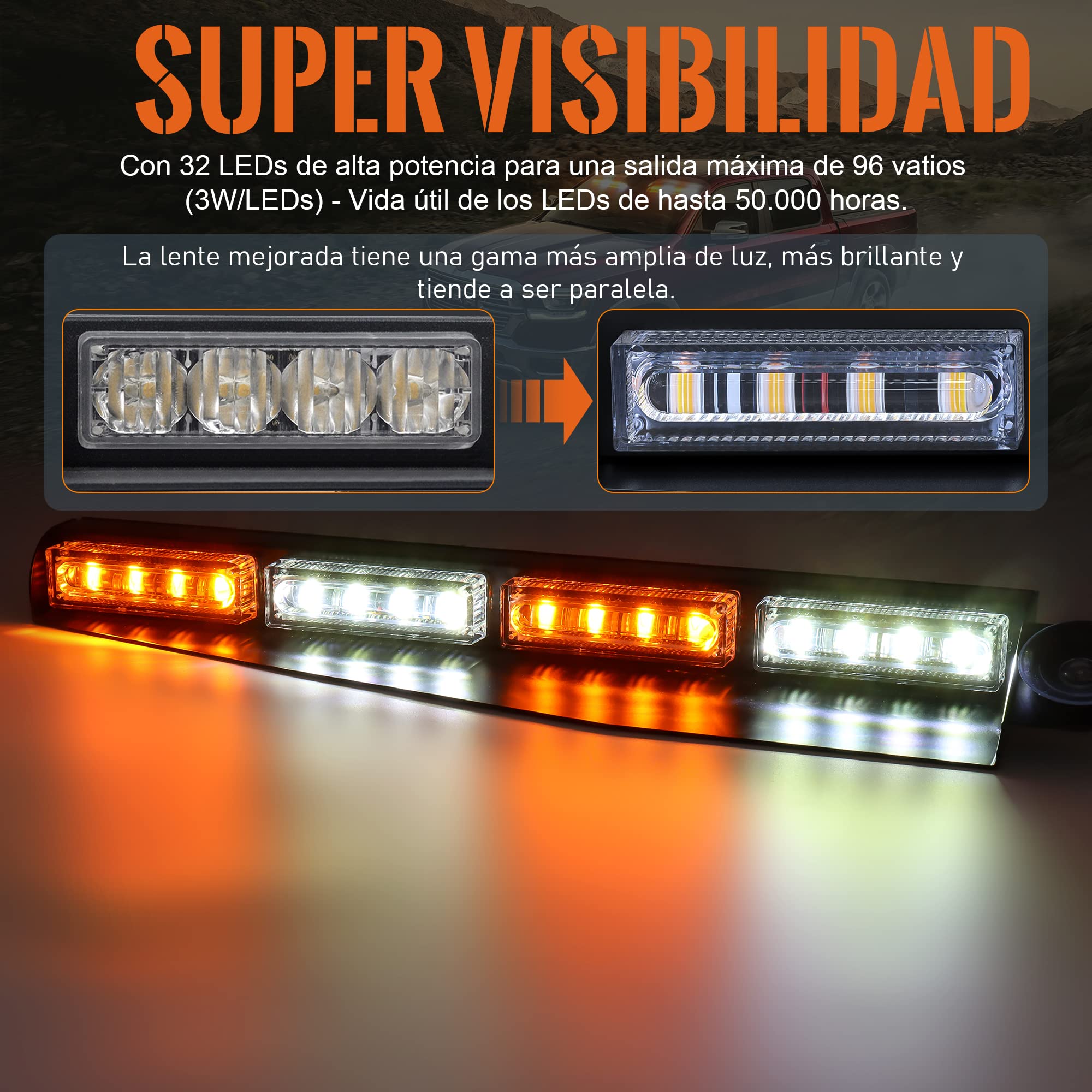 2PCS Luz LED estroboscópica Luz de Advertencia Intermitente Naranja + blanco barra de luz intermitente interior, luz estroboscópica con 32 LED para Camión Techo Superior Amarillo,26 Modelo Flash