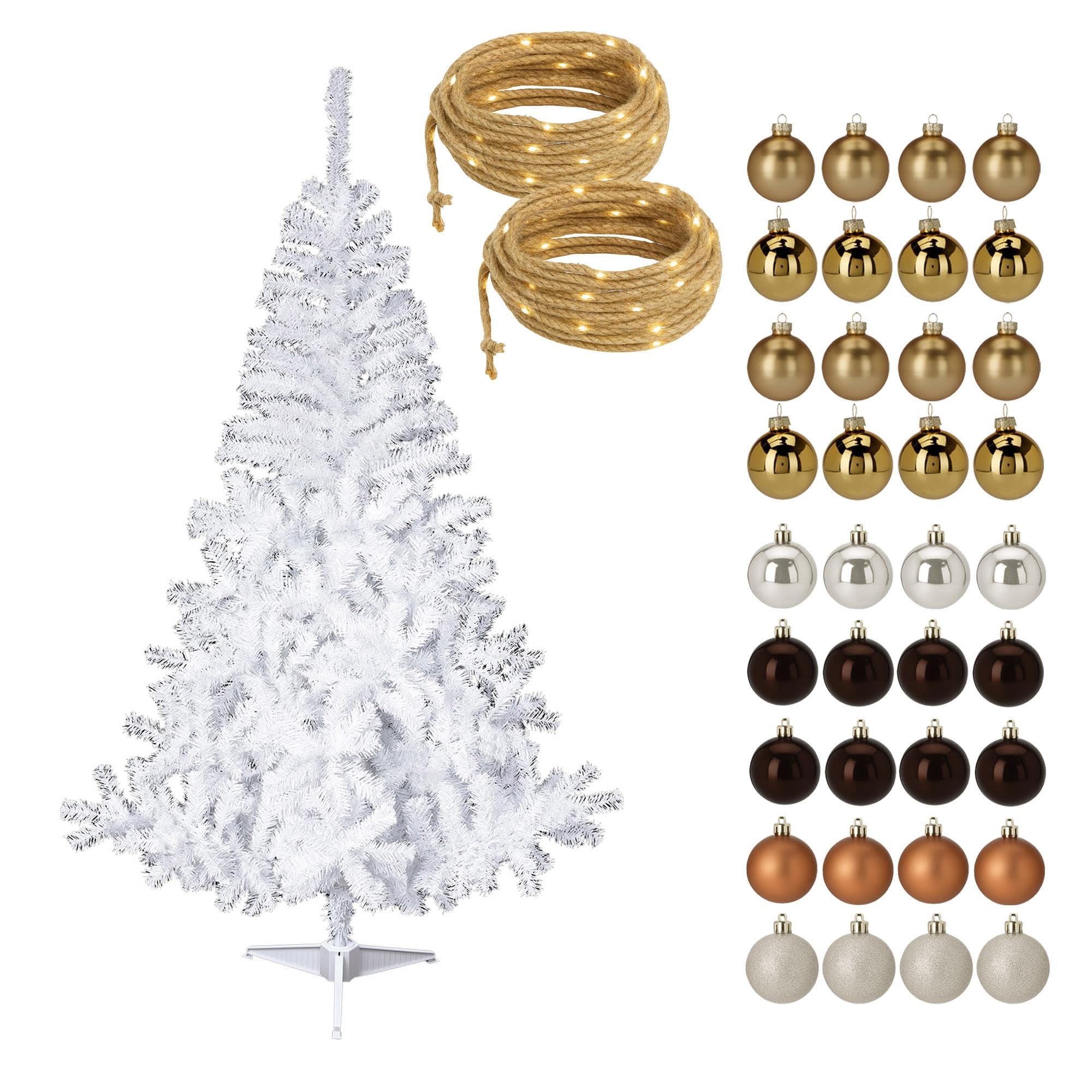 Sapin de Noël artificiel blanc 150 cm guirlande LED boules de Noël dorées ambre