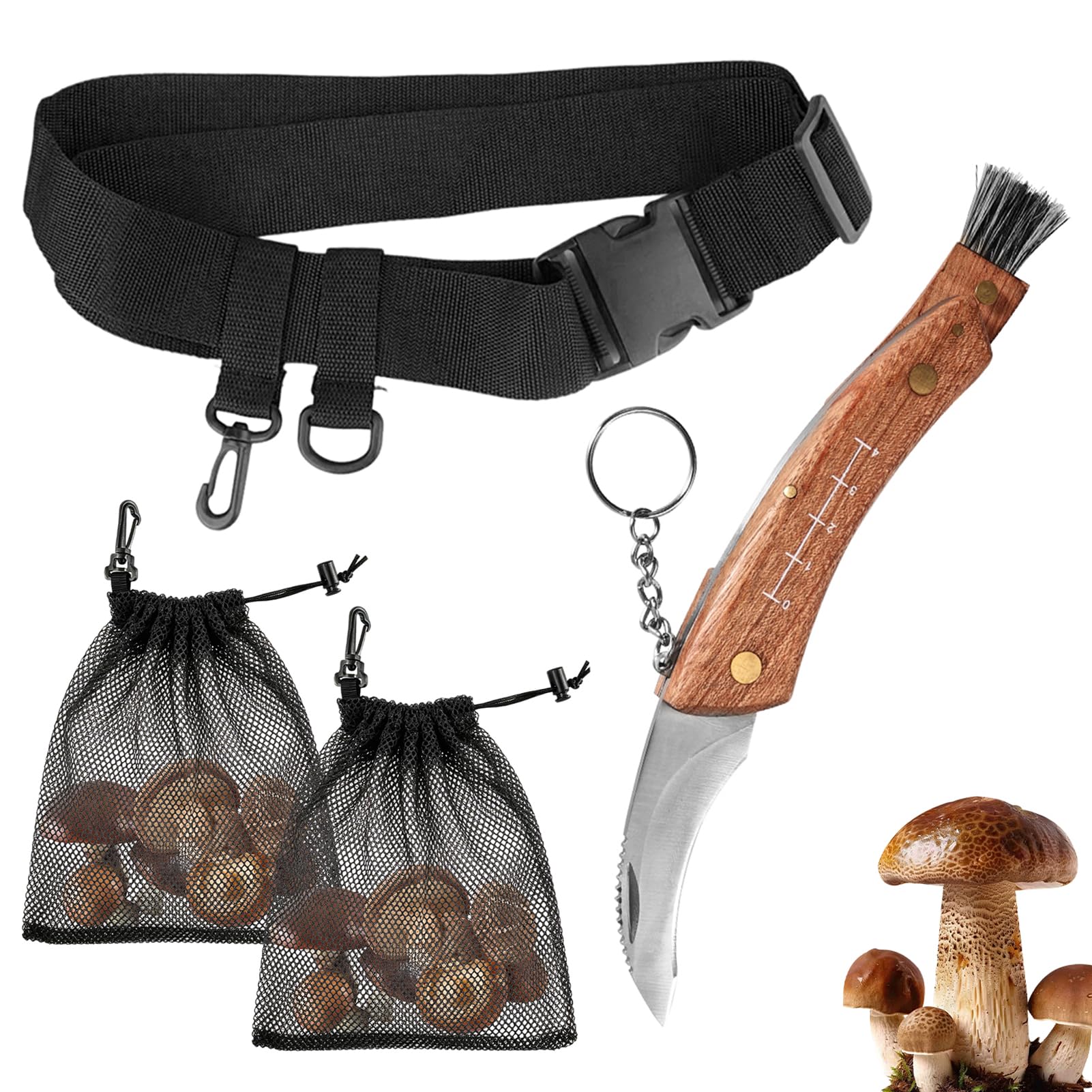 Pilzmesser mit Bürste und Lineal, Klappmesser mit 2 Pilzsammeltasche | Verstellbar Klopfer Gürtel, Edelstahl Taschenmesser mit Schlüsselring, für Pilzsammler, Outdoor, Camping, Survival