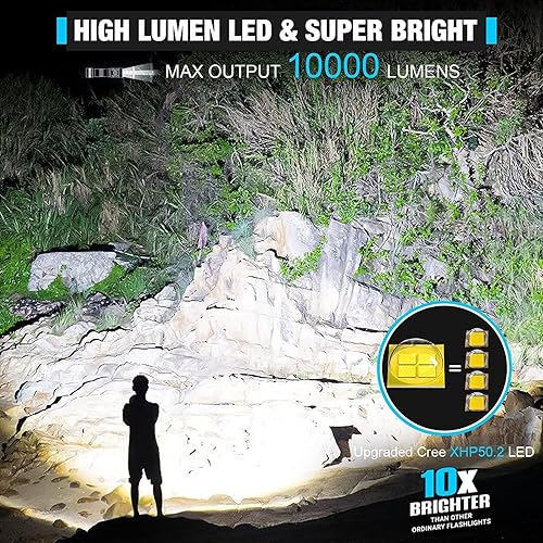 Miniatura 2 de AdamPark Linternas tácticas recargables de alto lúmenes, XHP50.2 10000 Luens pequeña linterna LED, linterna LED de bolsillo, IPX7 impermeable,