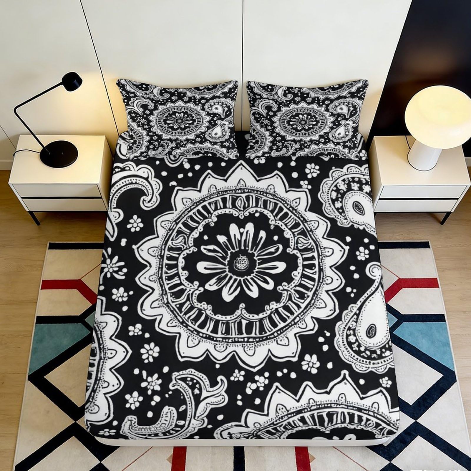 3D Printed Mandala Flower Fitted Sheet Microfiber Soft Black White Ethnic Sun Mattress Cover for Bedroom Guest Room Decor 90x200x25cm