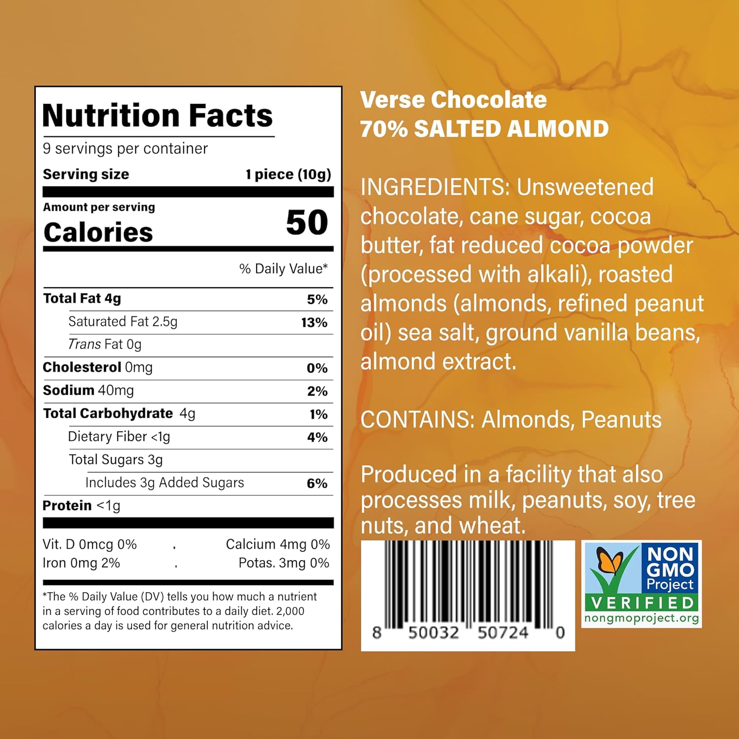 Verse 70% Dark Chocolate with Almonds - Gluten Free, Keto Low Sugar Snack - Creamy Dark Cocoa Squares - Only 3g Cane Sugar - Vegan Dark Chocolate Squares - Individually Wrapped Chocolates (30 Count)