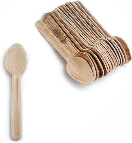 Paquete de 50 cucharas desechables de hoja de palmera, ecológicas, compostables y biodegradables, resistentes y duraderas, juego de cubiertos de