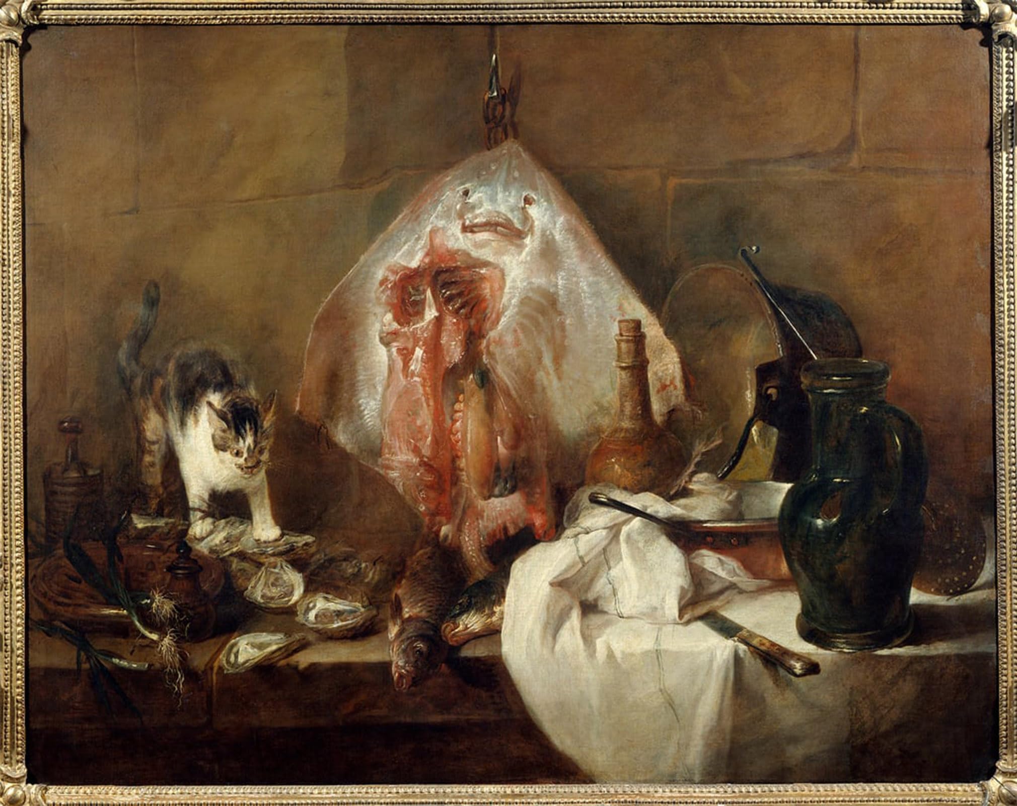 ARTXLXXBN Famous Painting Art Wall Decor Abstract Art Picture the Still Life Skate of Fish Oysters Jug by Jean Baptiste Simeon Chardin Animal Pictures for Home Decor 60x90cm