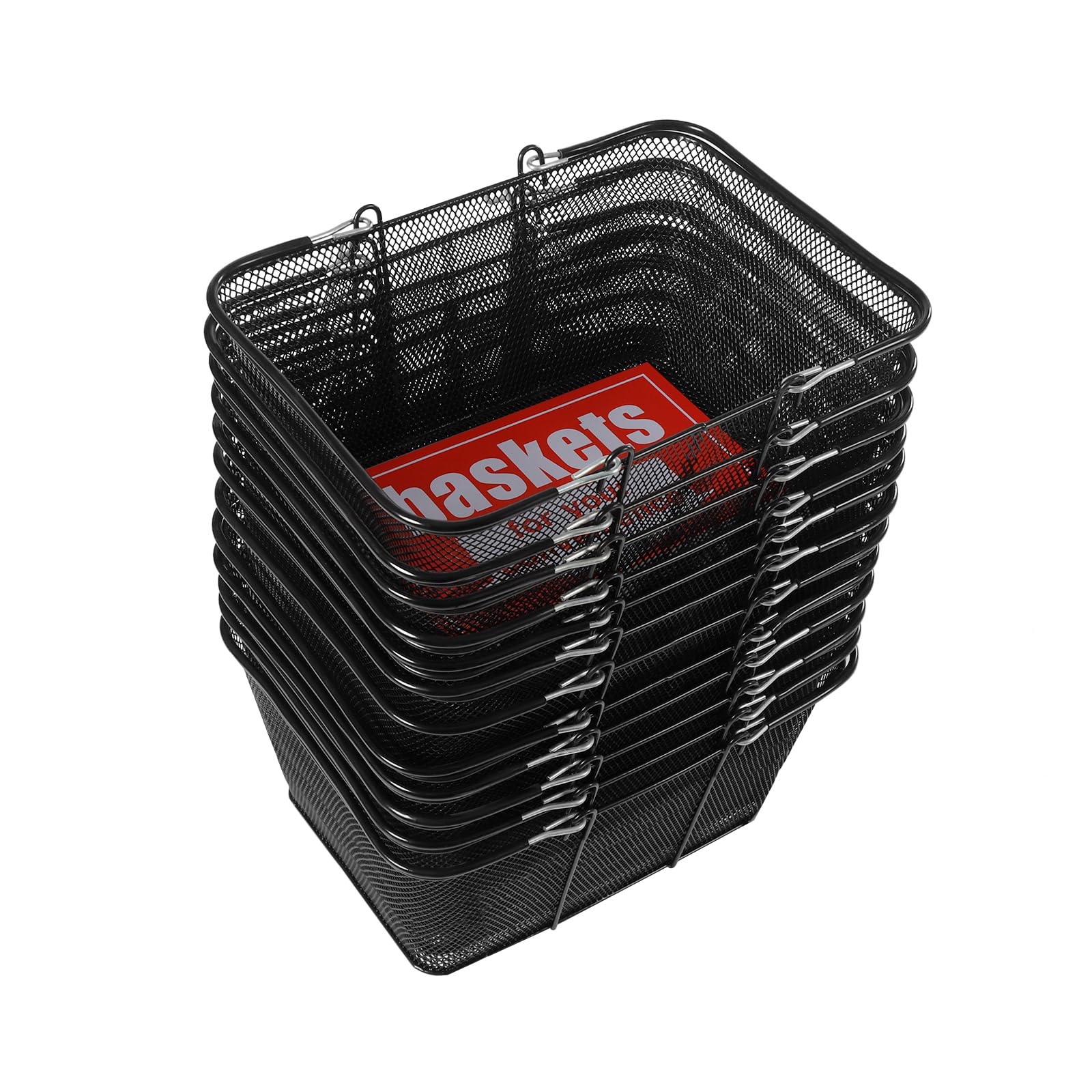 12PCS Shopping Baskets with Handles, Black Metal Shopping Basket 22lbs Load-bearing Capacity, Portable Wire Grocery Basket for Supermarket, Retail Shop, Book Store, Laundry