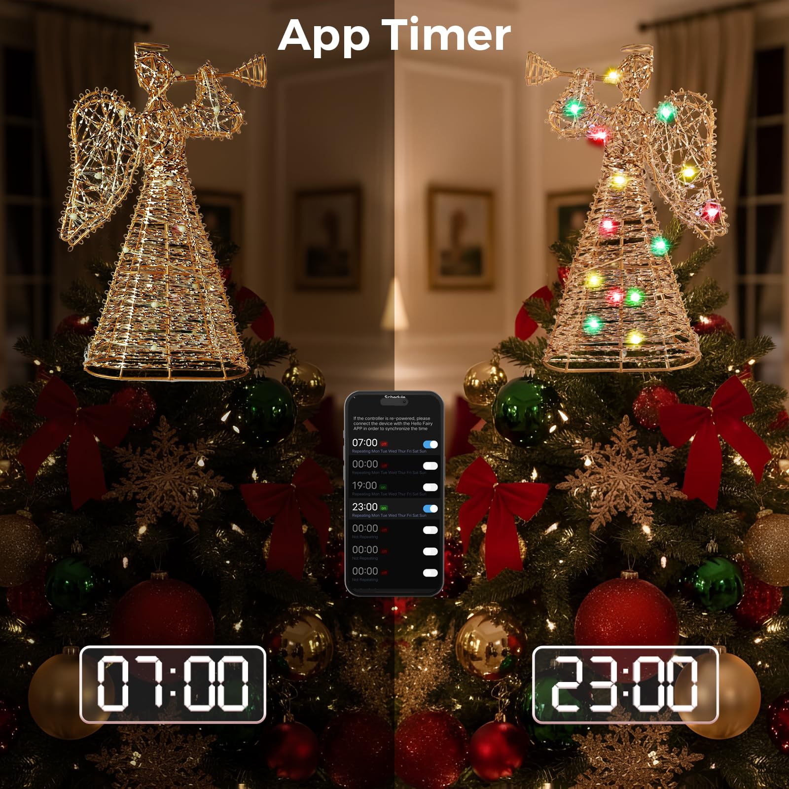 Brave Dream - Puntale per albero di Natale, 28 cm, RGB, con timer, controllo app, alimentazione USB, sincronizzazione musica, puntale per interni, decorazione per feste e vacanze