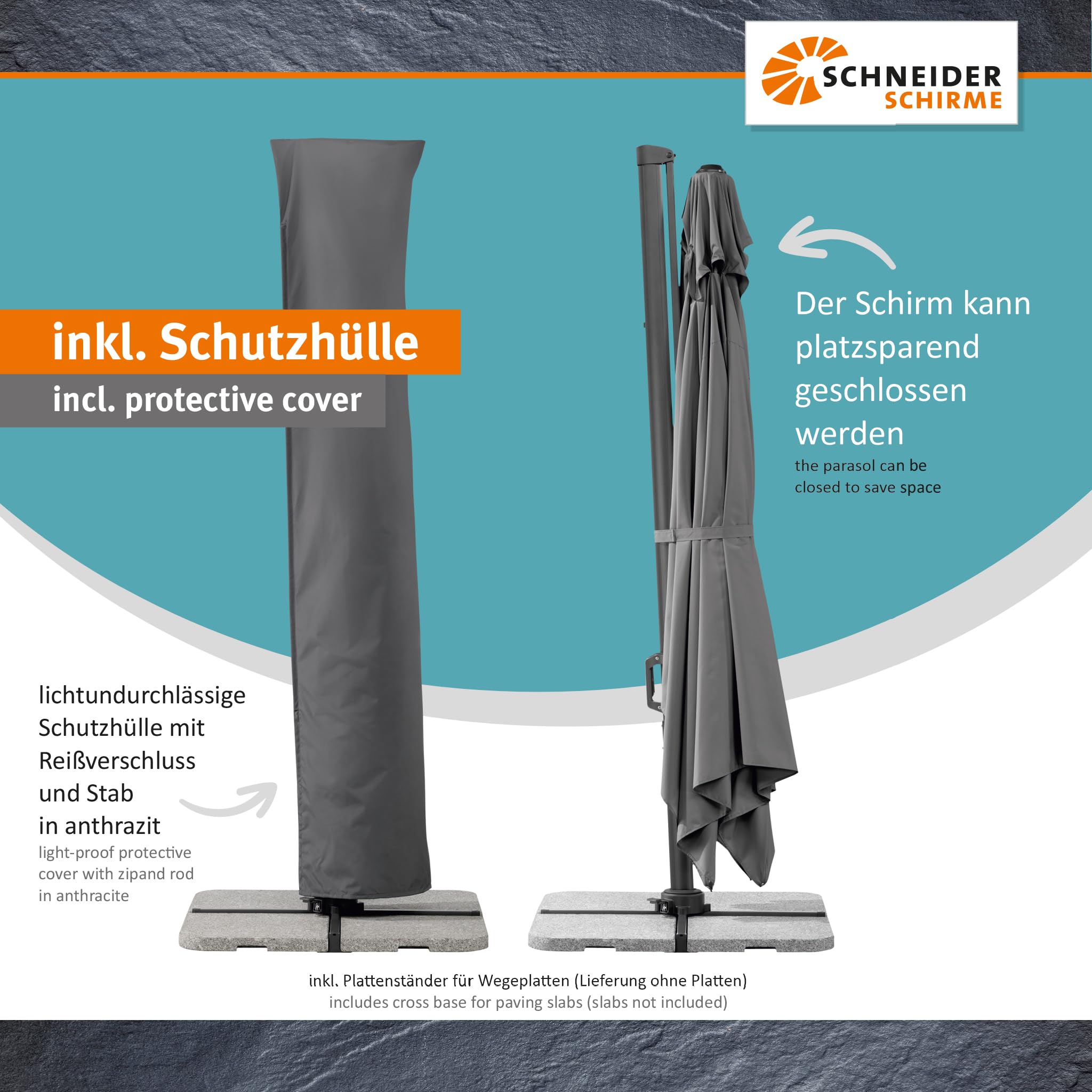 Schneider Ampelschirm TAVO 400 x 300 cm – UV-Schutz, 360° drehbar, neigbar, air-vent, lichtecht, inkl. Plattenständer & Schutzhülle – anthrazit/natur