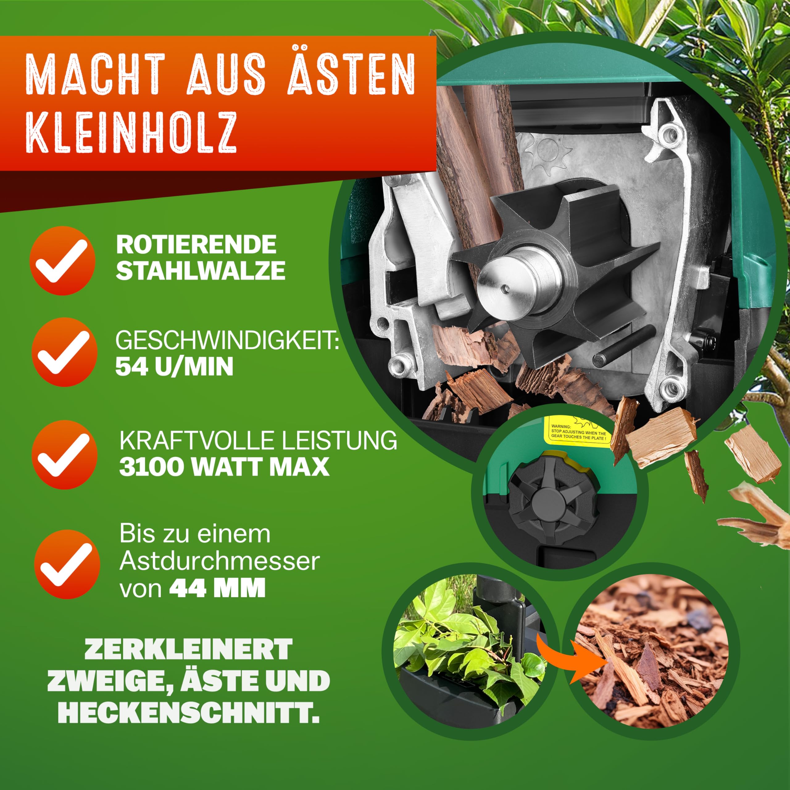 Gardebruk Leisehäcksler 3100 W 44 mm Elektrischer Gartenhäcksler Walzenhäcksler