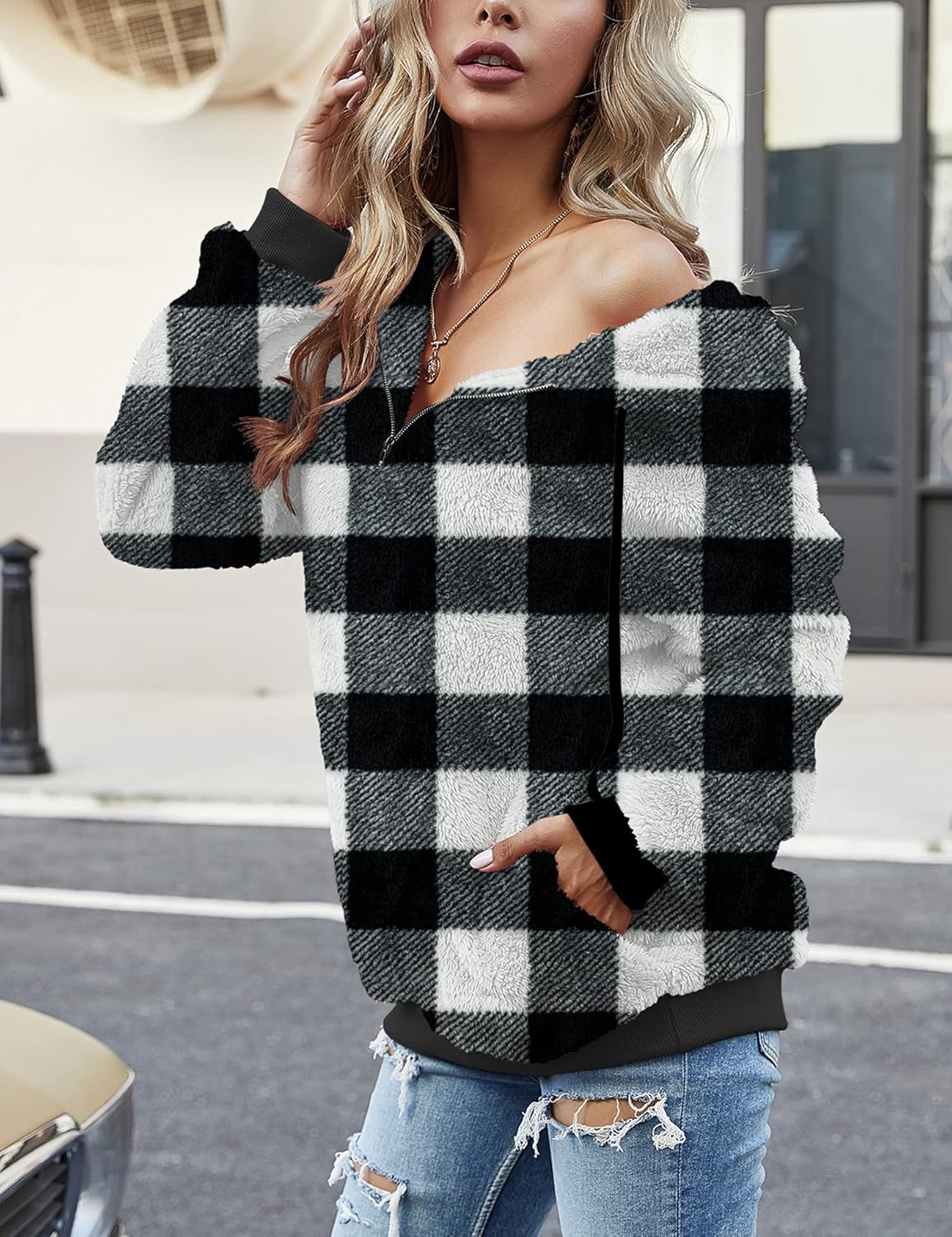 Women Casual Double Fuzzy Sweatshirt Faux Fleece Zip Pullover Hoodies Coat Outwear S-XXL - Image 3