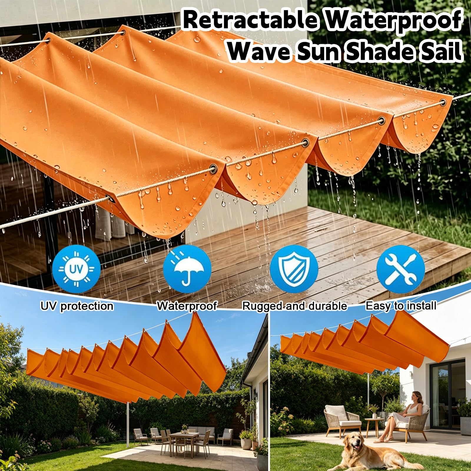 Toldo Retráctil de Onda 100 x 750 cm con Ojales y Cuerda, Vela Sombra Impermeable y Rectangular con Bloqueo UV y Resistencia a Desgarros para Jardín Porche Patio Barbacoa, Naranja