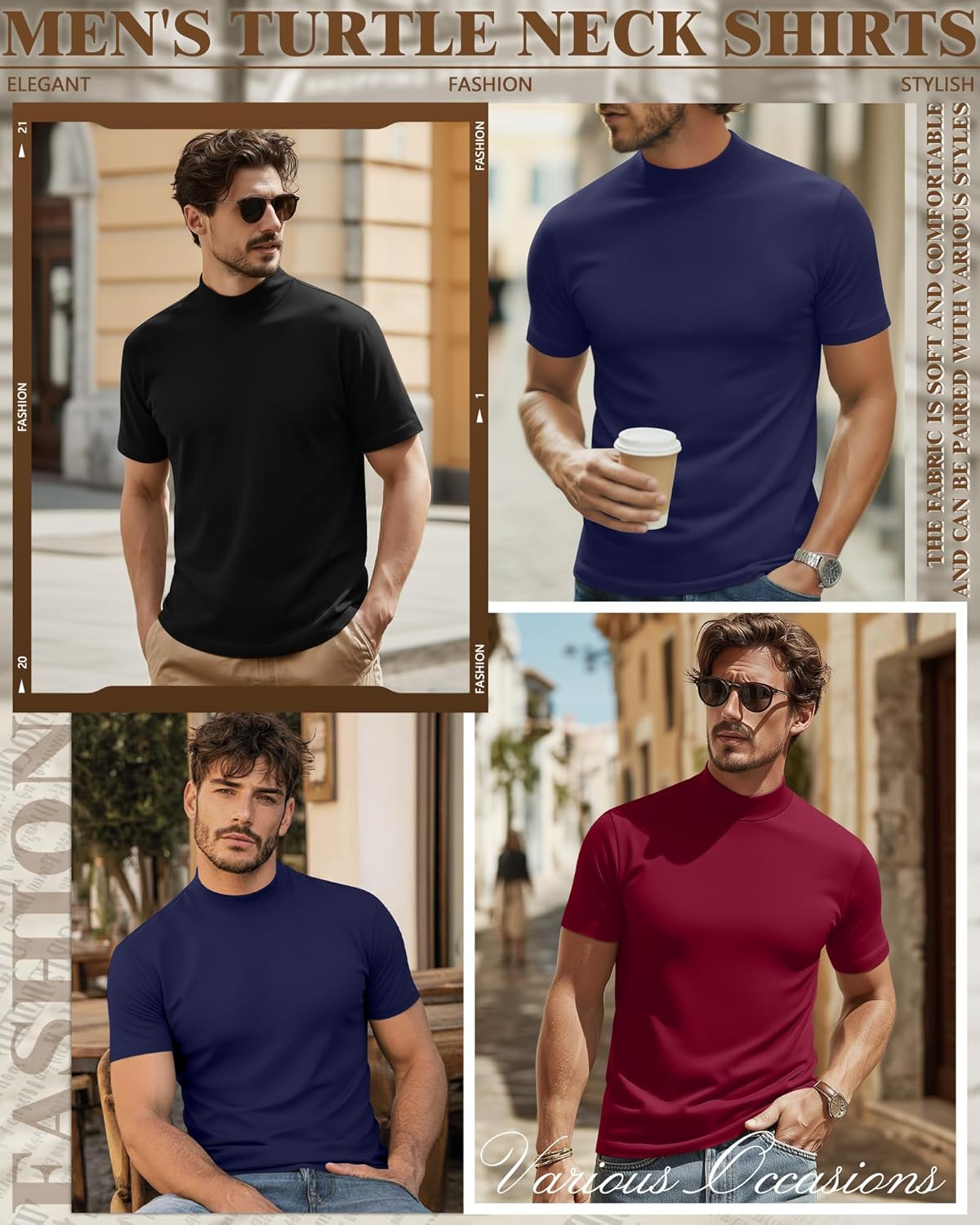 Ficerd 3 Pack Men's Turtle Neck Shirts, Short Sleeve Mock Turtleneck T Shirts Knitted Slim Fit Basic Undershirt Tops, Medium - Image 2