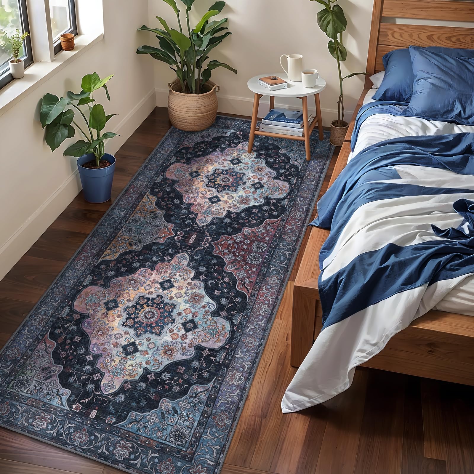 Tapis de couloir antidérapant bleu marine doux et lavable en machine 61 x 1522 cm