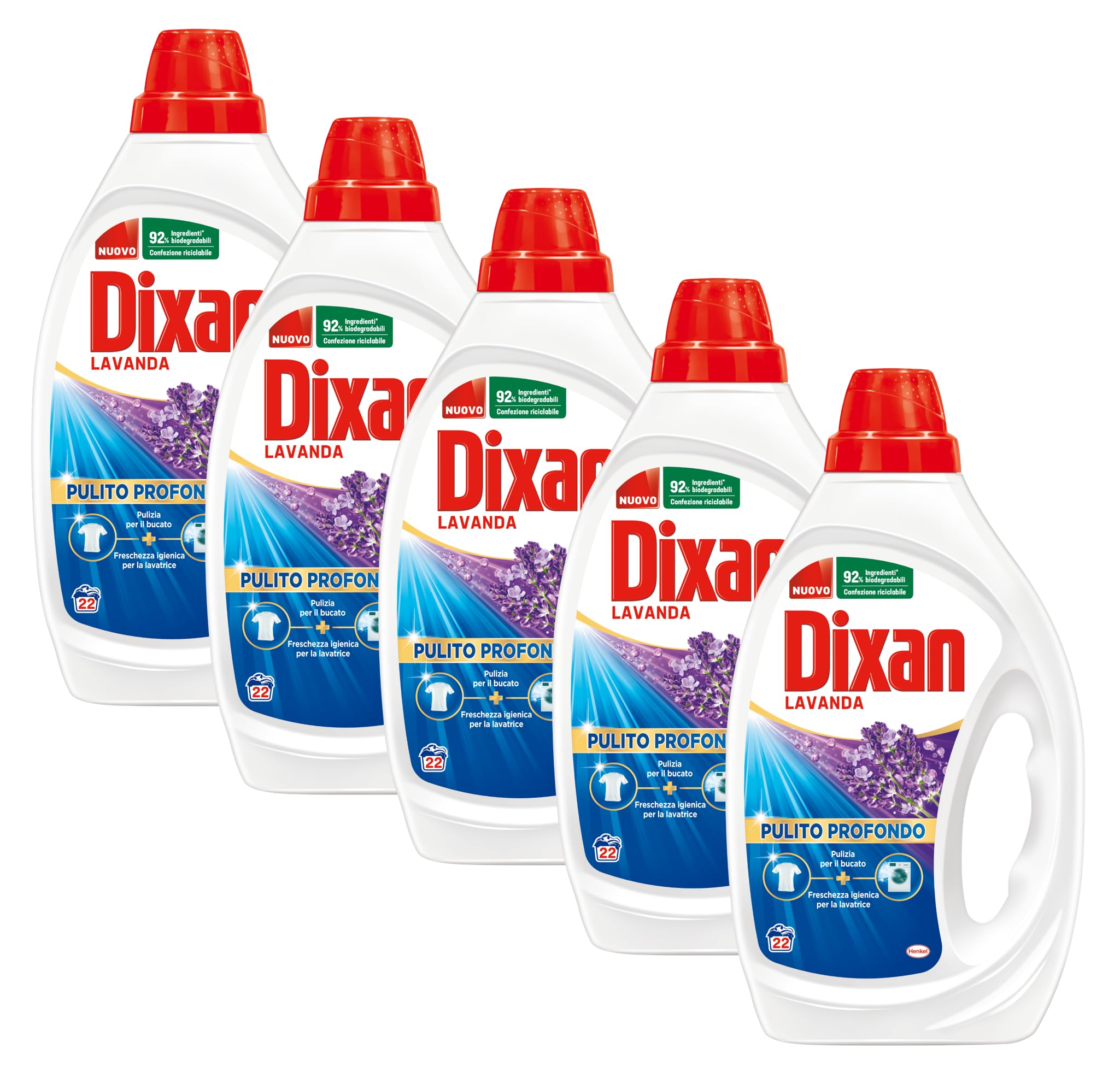 Dixan Detersivo Lavatrice Liquido Lavanda, 5 confezioni da 22 lavaggi, 110 lavaggi totali