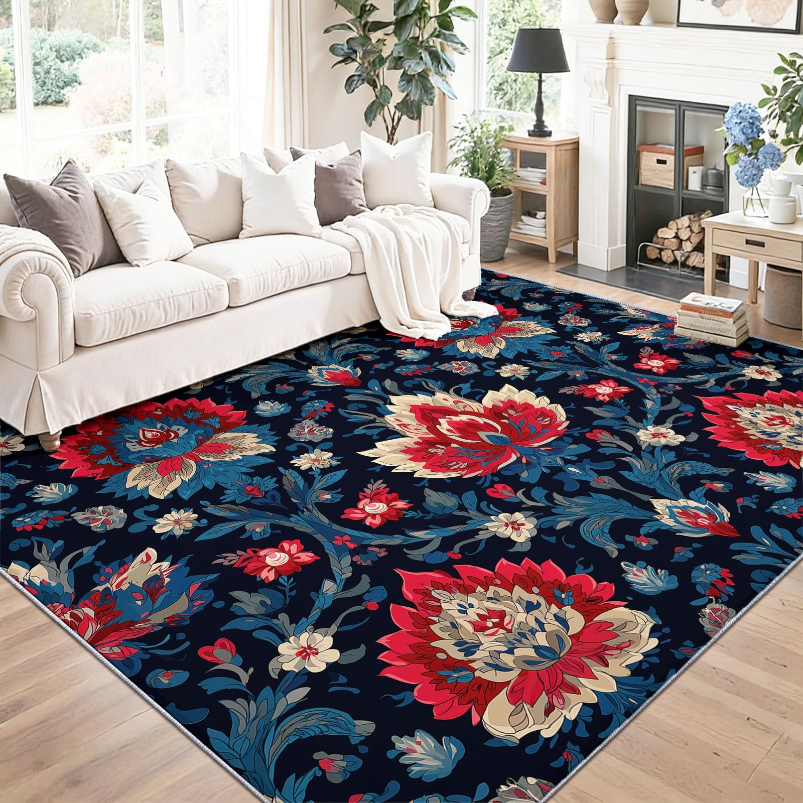 Dywany do salonu, można prać w pralce, dywan 120 x 170 cm, dywany z tradycją boho, antypoślizgowy dywan, czerwone kwiaty, liście, niskie runo, nie gubi włosia, nadruk, do jadalni, domu, biura