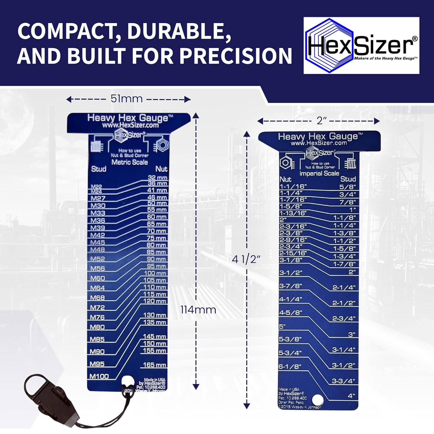 HexSizer Heavy Hex Gauge – Pocket Tool for Nut & Bolt Size Measurement | Inch & Metric | Bolt Sizer from 1-1/16" to 6-1/8" (32mm to 165mm) | High Temp, Laser Engraved, Durable Metal