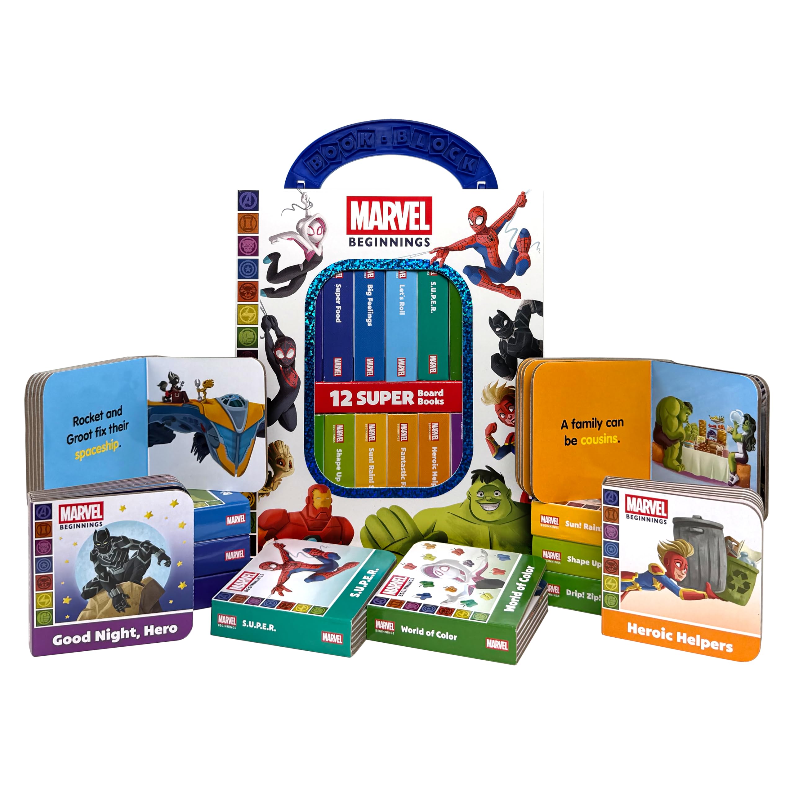 Marvel Beginnings Spider-man, Iron Man, Captain Marvel, and More! - My First Library Board Book Block 12-Book Set - First Words, Colors, Numbers, and More! - PI Kids