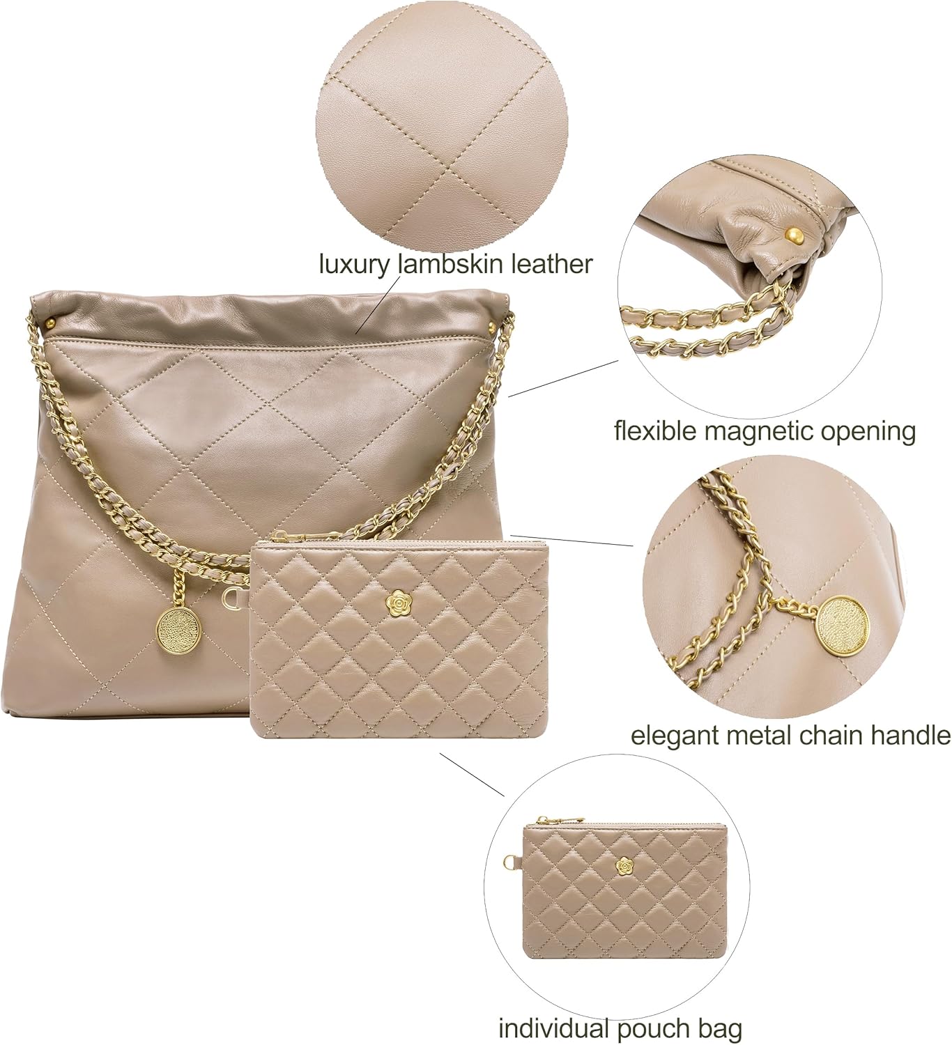 DORIS&JACKY Leather Quilted Tote Bag Set for Women Soft Lambskin Designer Shoulder Chain Purse with 1 Small Clutch - Image 3