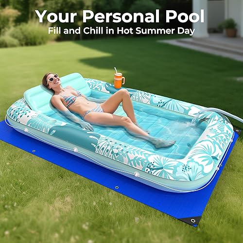 Miniatura 4 de Flotador inflable de bronceado para piscina con lona de protección, flotadores de piscina de 85 x 57 pulgadas para adultos con almohada, flotador de