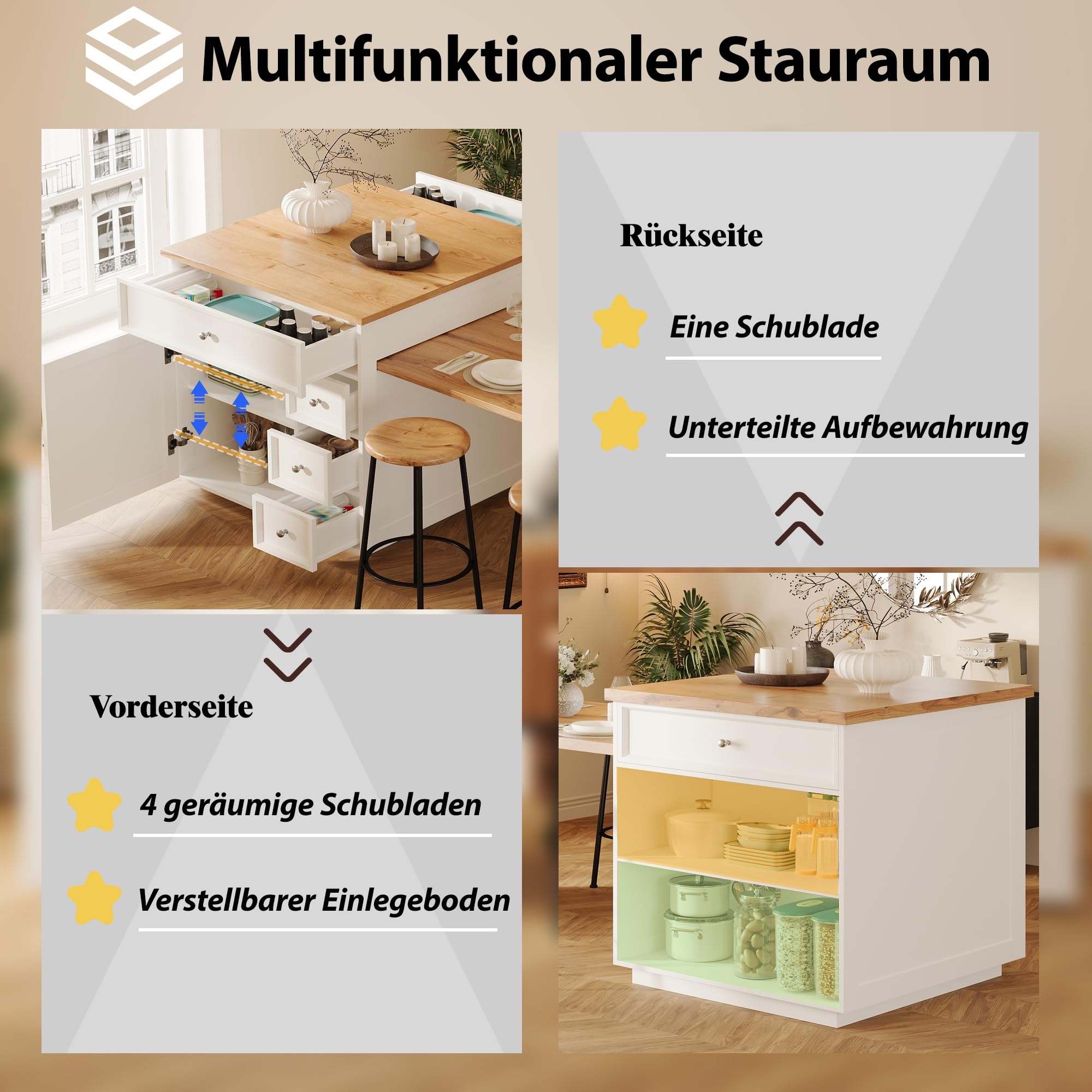 Ausziehbare Kücheninsel (120-184 cm) mit Schubladen und Rollen, fahrbare mit Holzoptik-Tischplatte, Vielseitige Thekeninsel für Küche, Esszimmer & Bartresen, Weiß