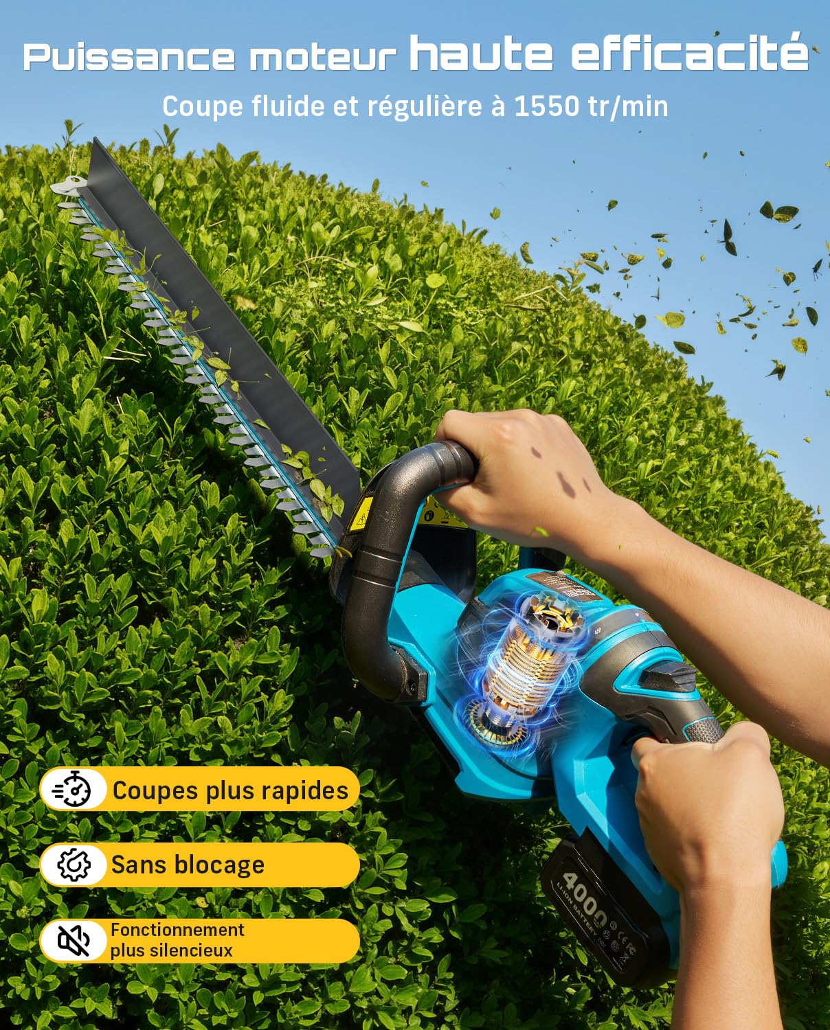 SEESII Taille Haie Électrique sans Fil 56 cm, 20V 2 Batteries 4000mAh, Poignée Rotative 180°, Écartement Lames 18 mm, Collecteur Débris