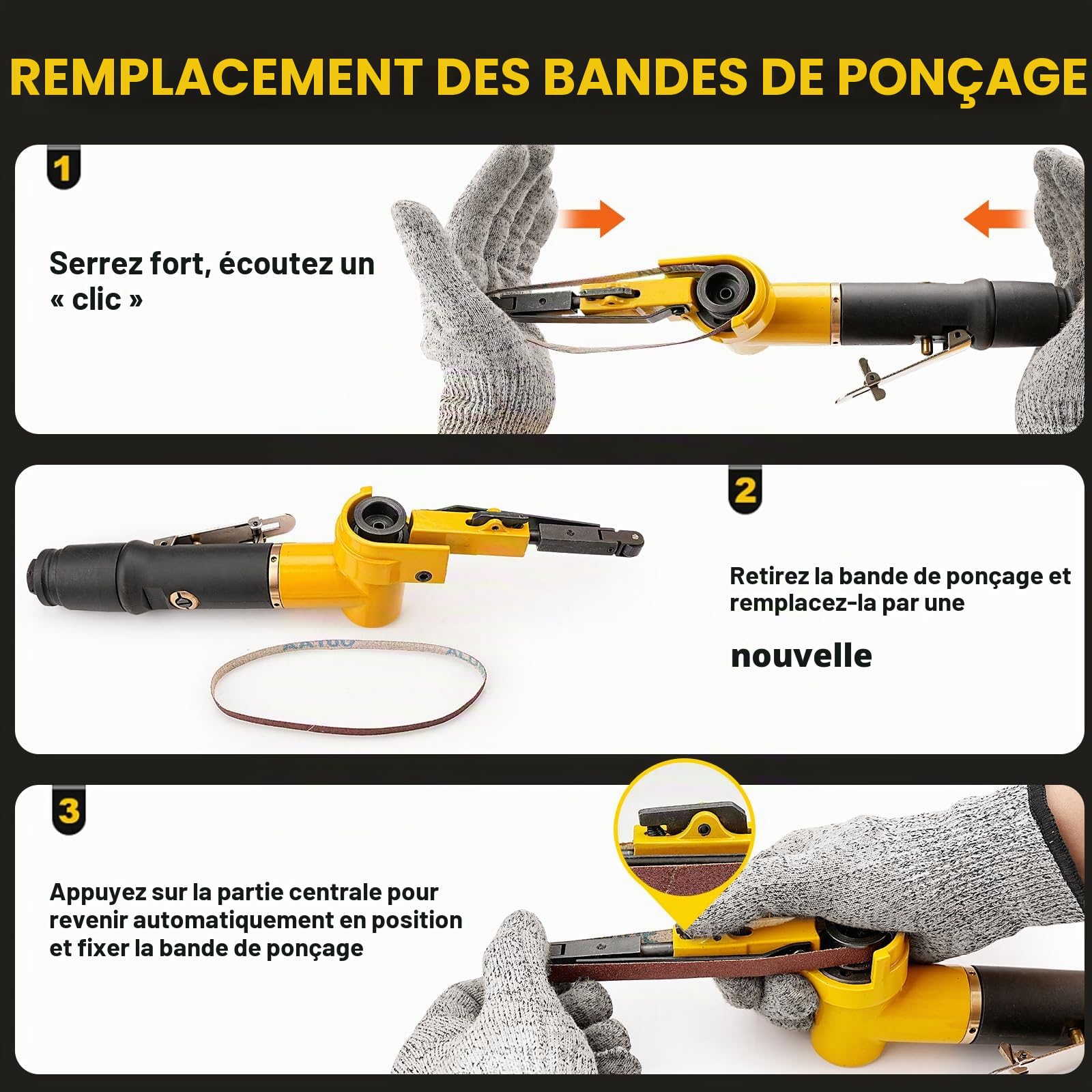 SI FANG Mini Ponceuse à Bande Pneumatique10x330mm14Pcs Abrasifs Bois Métal | Mini-ponceuse pneumatique permettant un ponçage précis dans les recoins étroits, destinée au polissage du métal et du bois